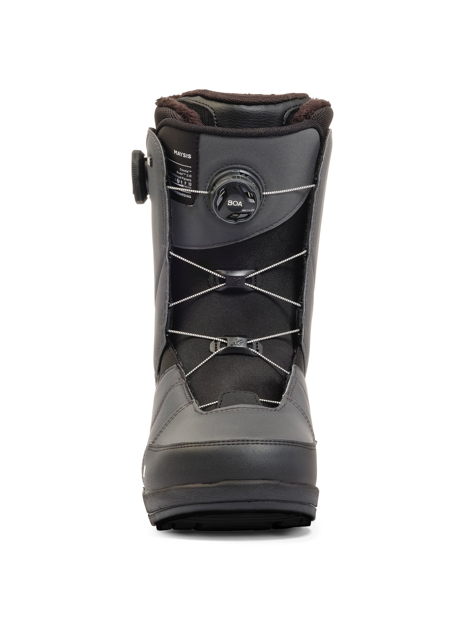 Black K2 Maysis snowboard boots feature a BOA lacing system and a streamlined design.