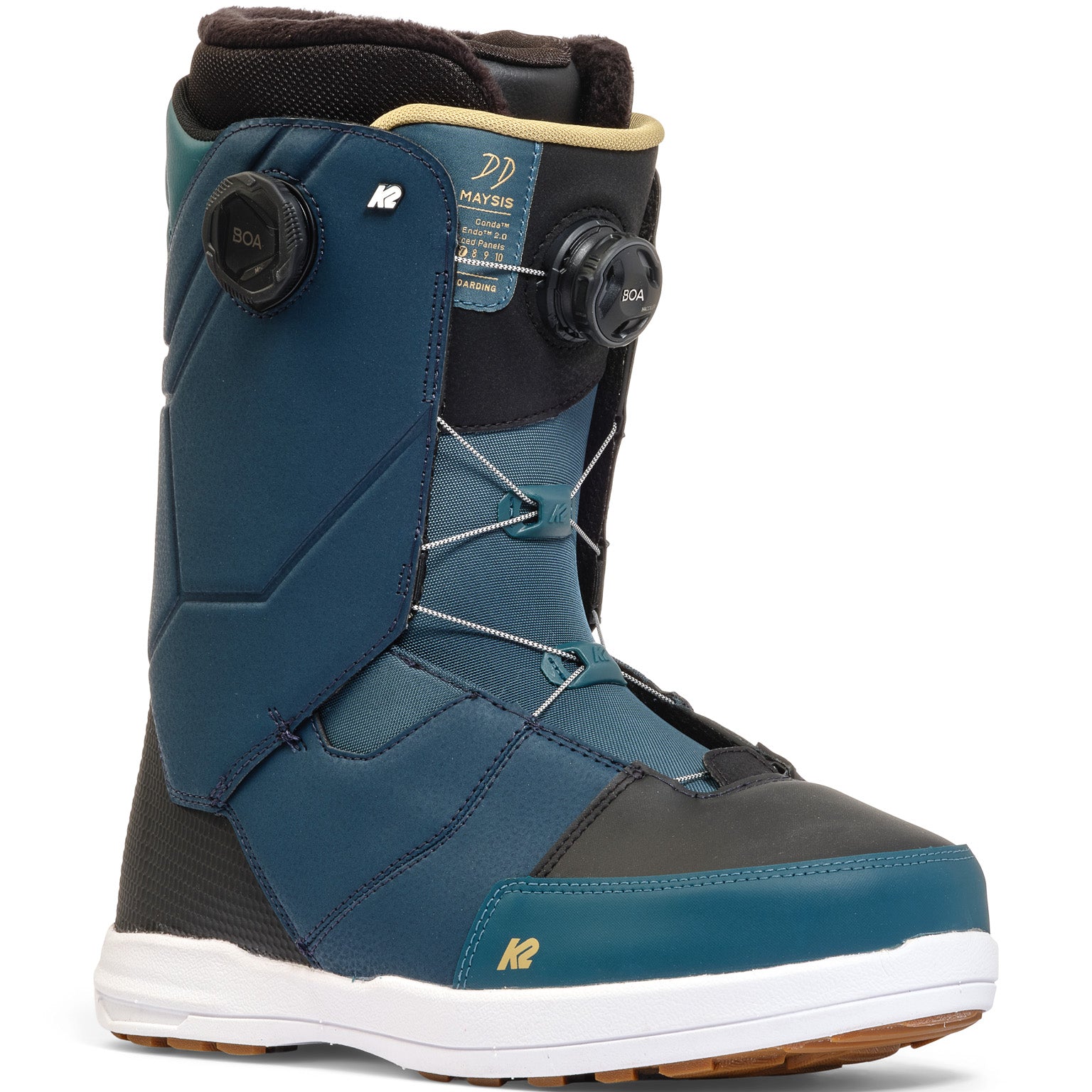 K2 Maysis snowboard boots feature a teal colorway and BOA lacing system.