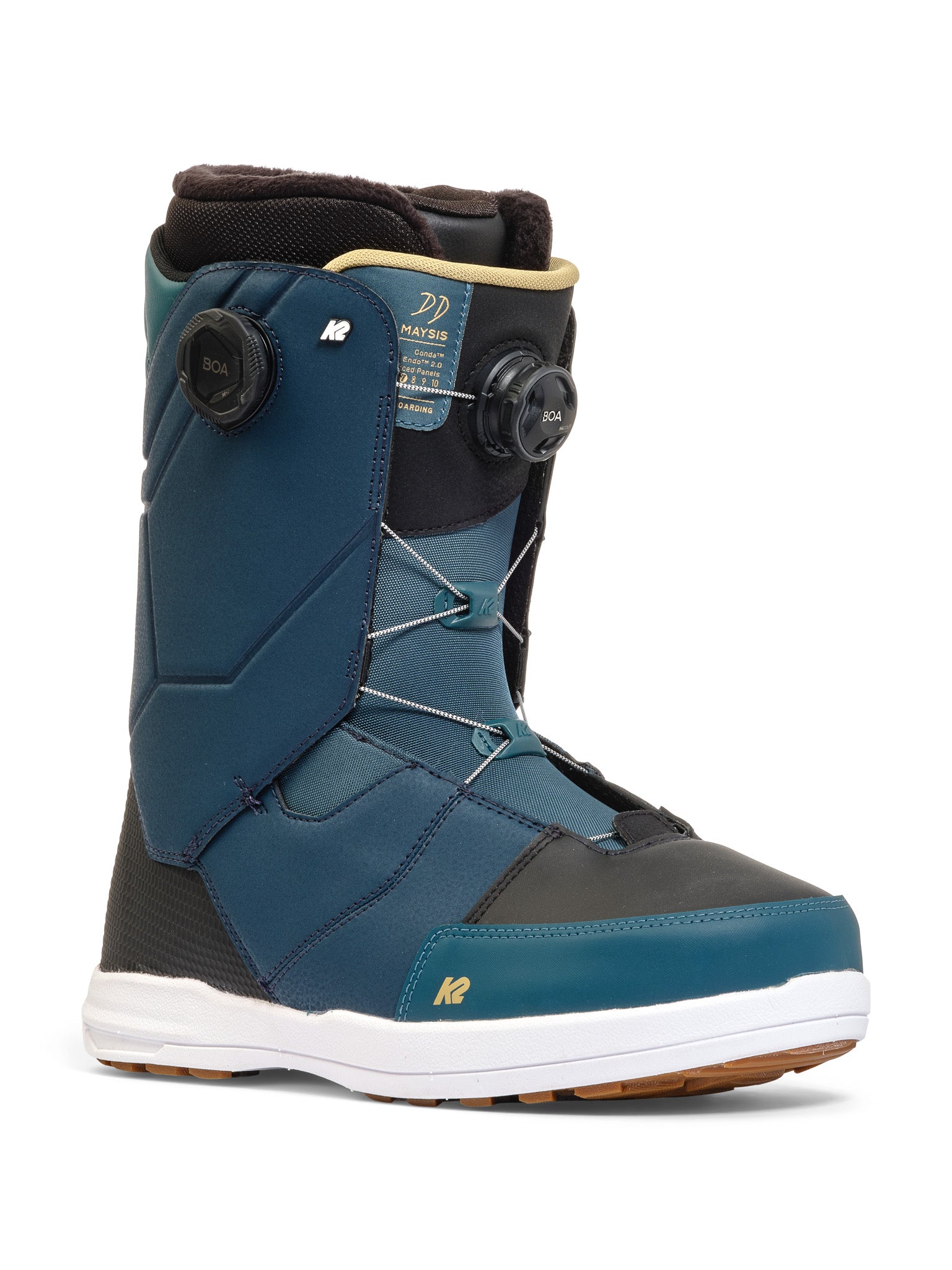 K2 Maysis snowboard boots feature a teal colorway and BOA lacing system.