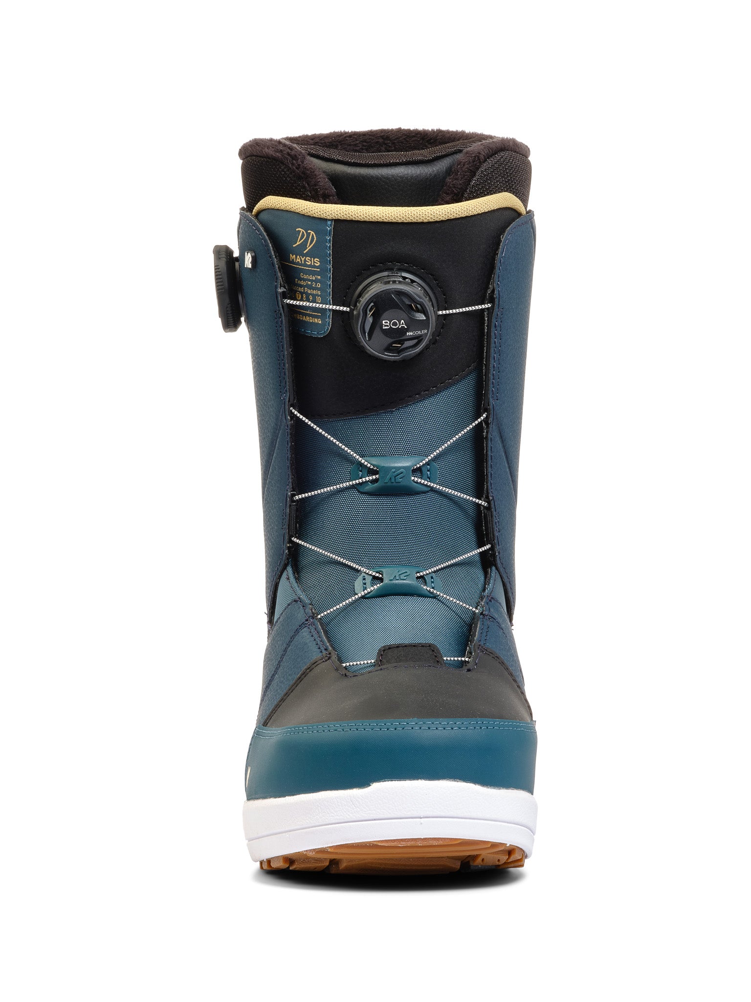 Blue K2 Maysis snowboard boots feature a BOA lacing system and a contrasting tan heel.