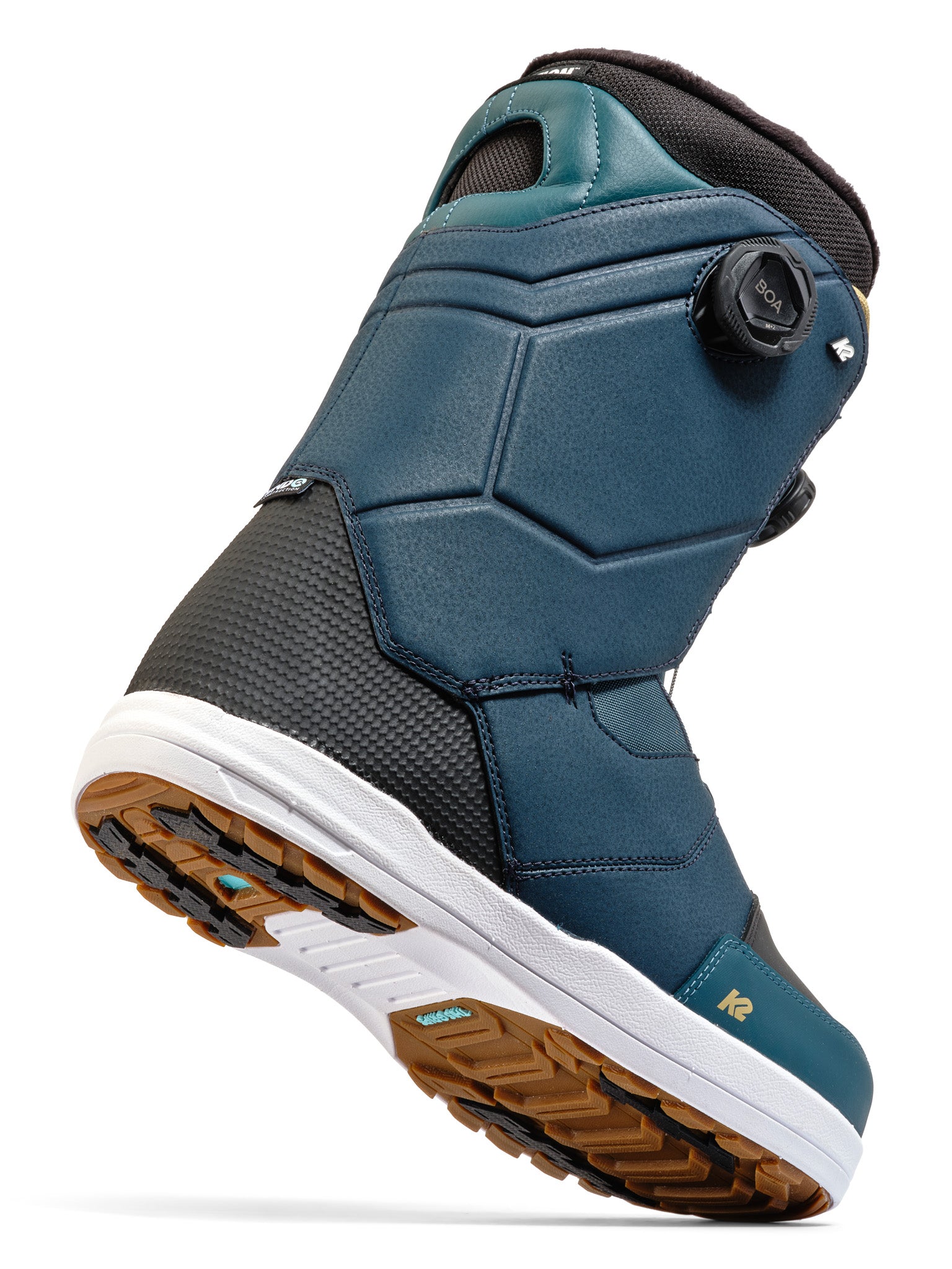K2 Maysis 2025 snowboard boots feature a dark blue and white color scheme with BOA lacing.