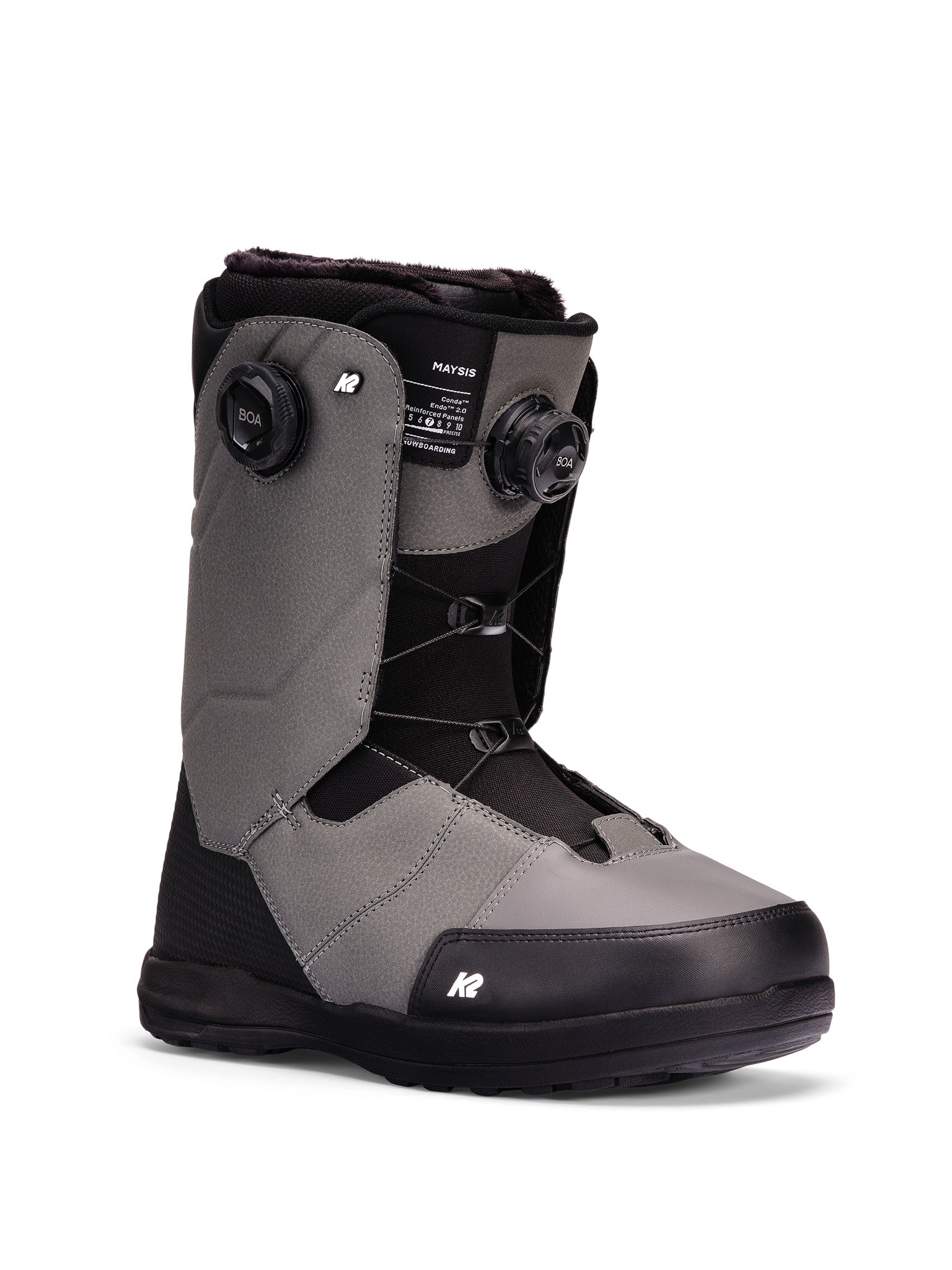 Black K2 Maysis snowboard boots feature a gray accent and BOA lacing system.