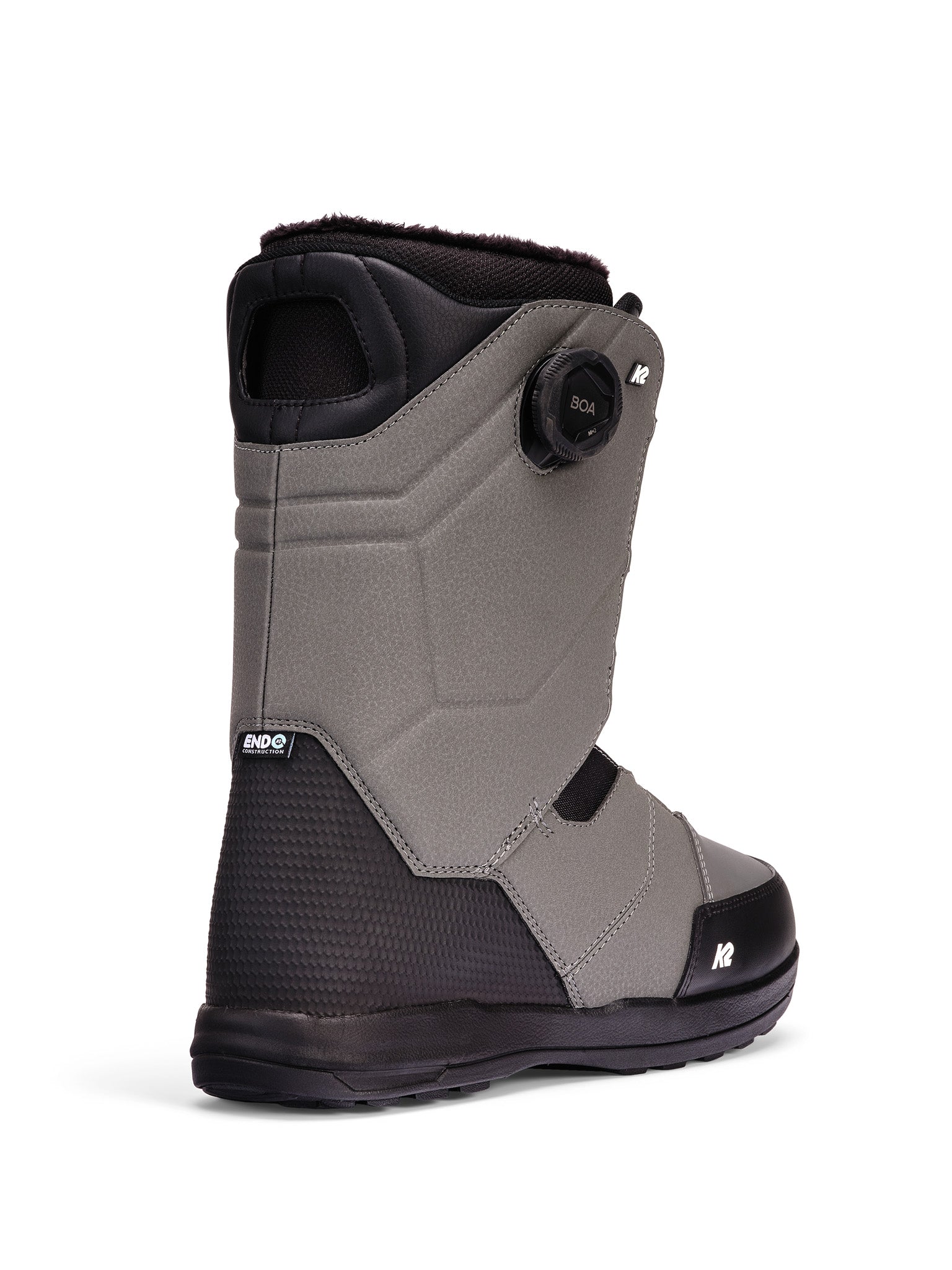 Black and gray K2 Maysis snowboard boots feature a BOA lacing system and textured soles.