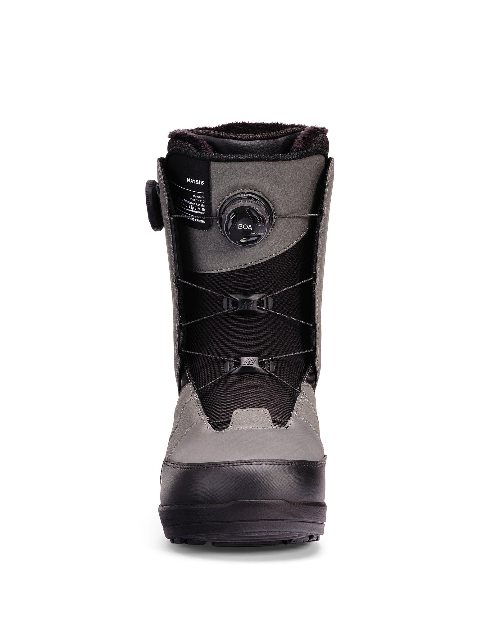 Black K2 Maysis snowboard boots feature a BOA lacing system and a streamlined design.