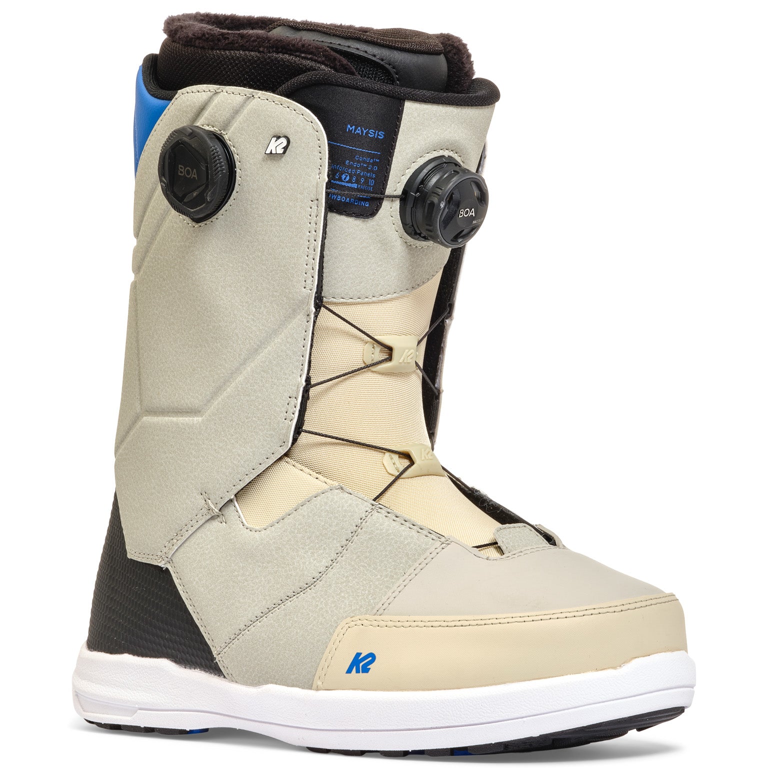 K2 Maysis snowboard boots feature a white and blue color scheme with visible Boa lacing systems.