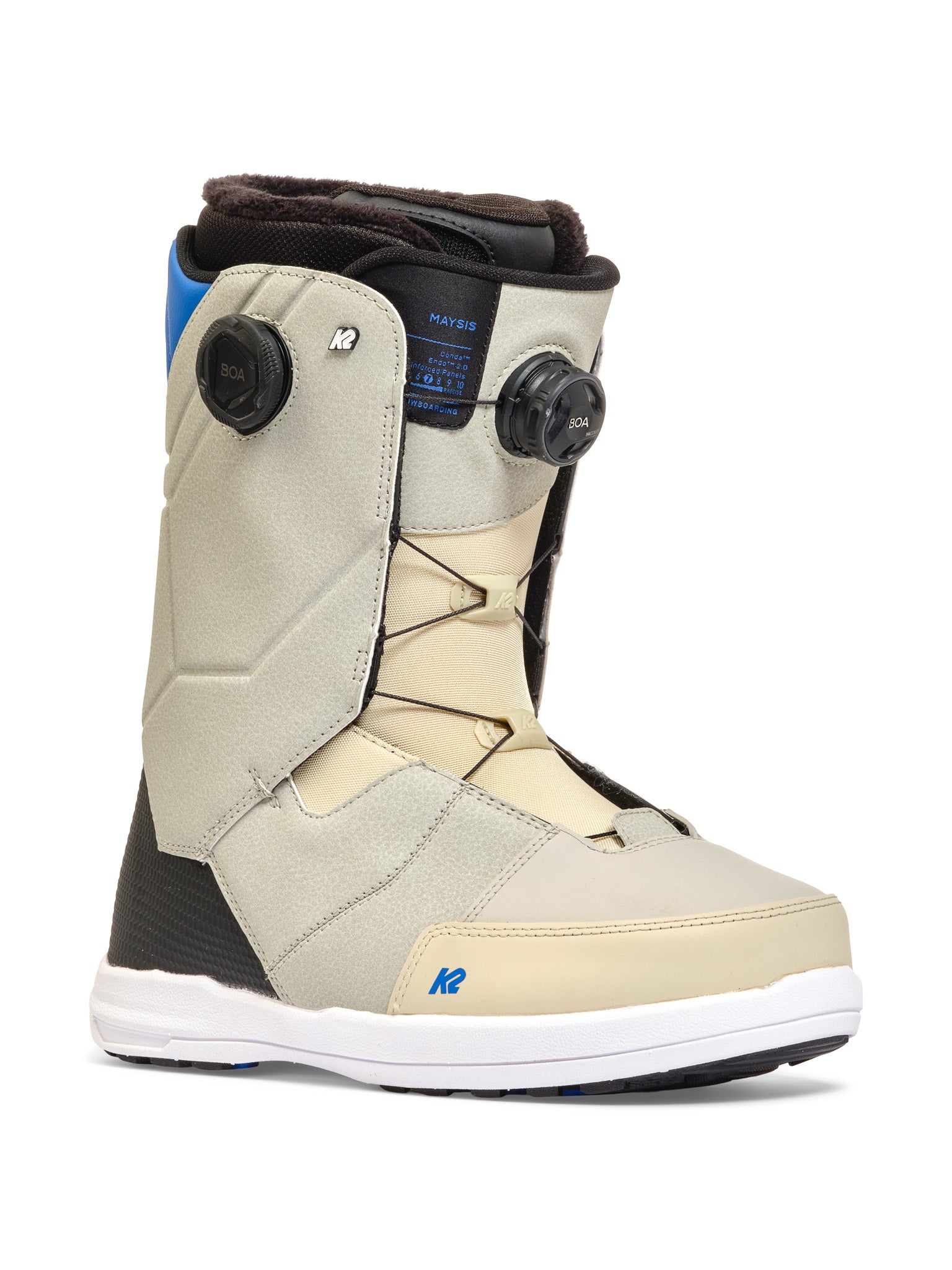 K2 Maysis snowboard boots feature a white and blue color scheme with visible Boa lacing systems.
