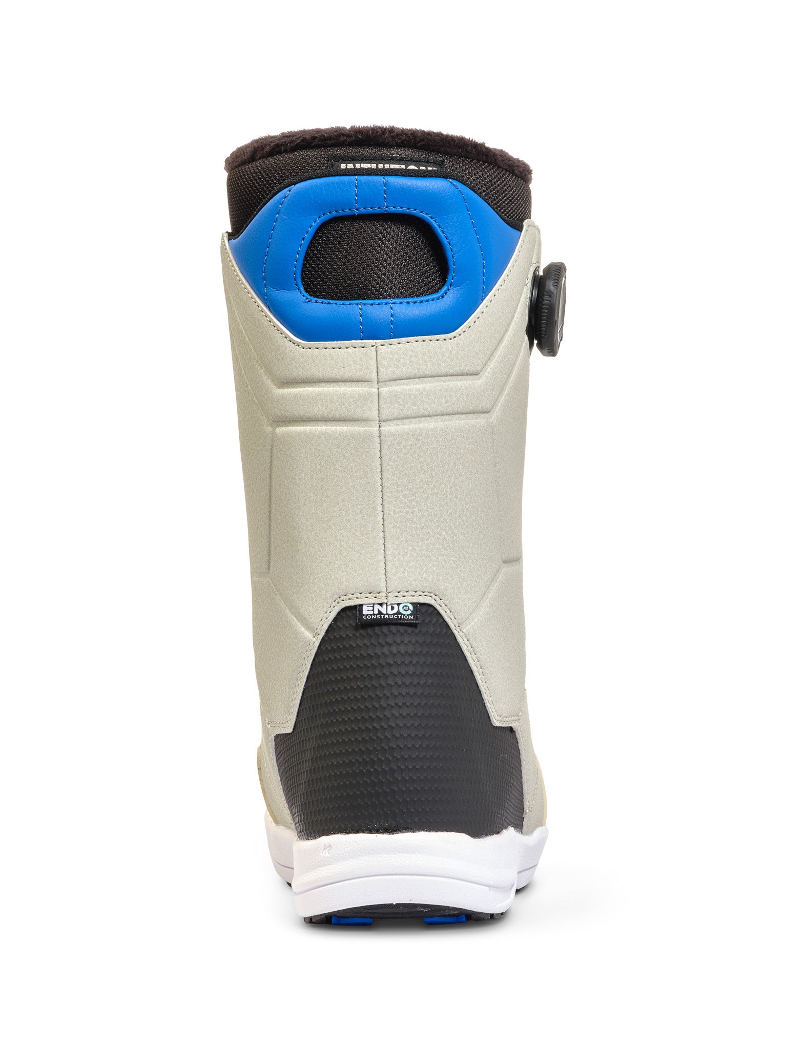 K2 Maysis 2025 snowboard boots feature a gray and blue design with a black heel loop.