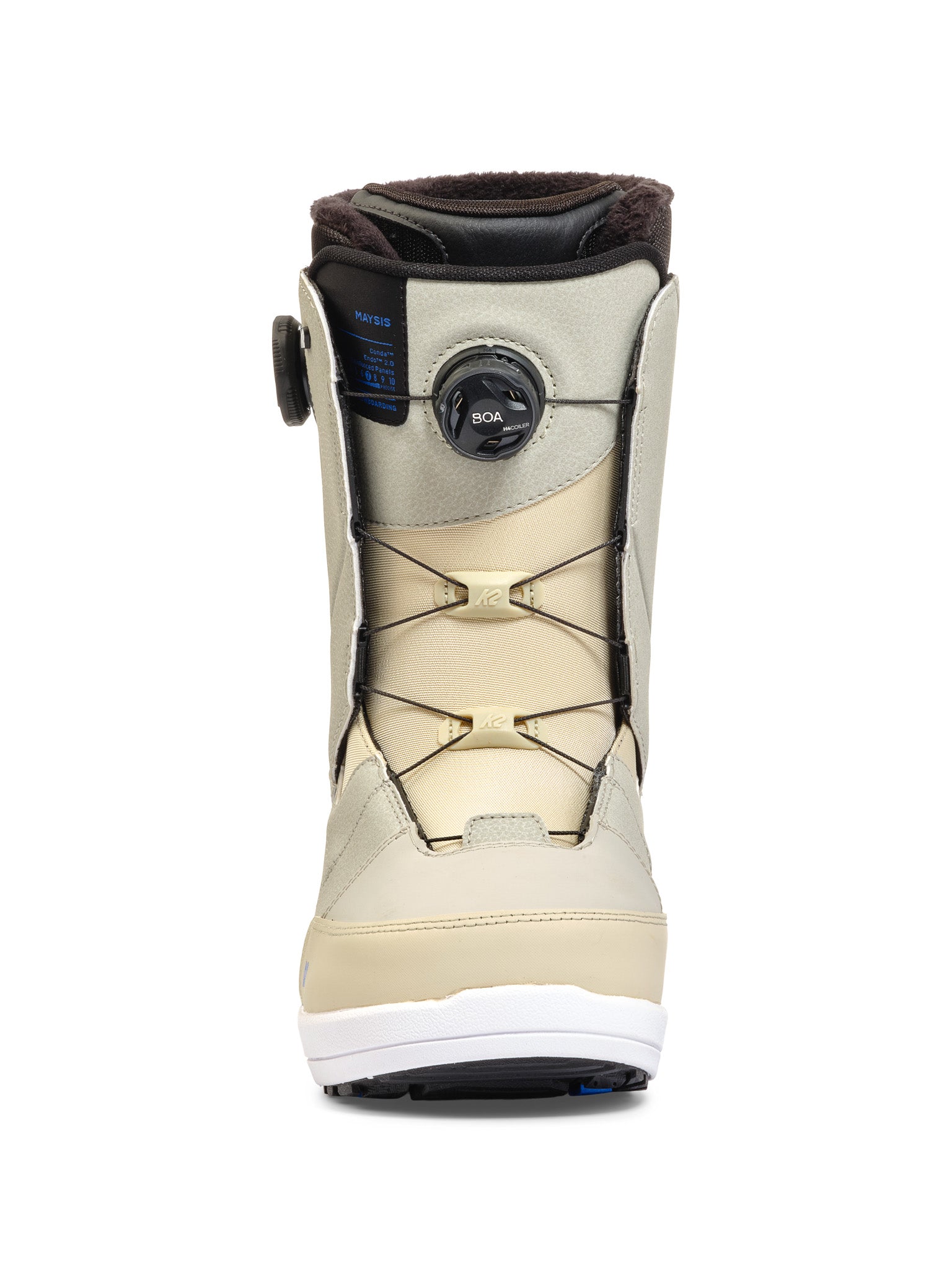 K2 Maysis snowboard boots feature a white and gray color scheme with Boa lacing system.