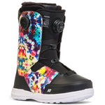 K2 Maysis snowboard boots feature a vibrant, swirling purple and white design with Boa closures.
