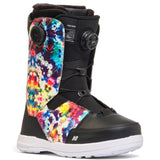 K2 Maysis snowboard boots feature a vibrant, swirling purple and white design with Boa closures.