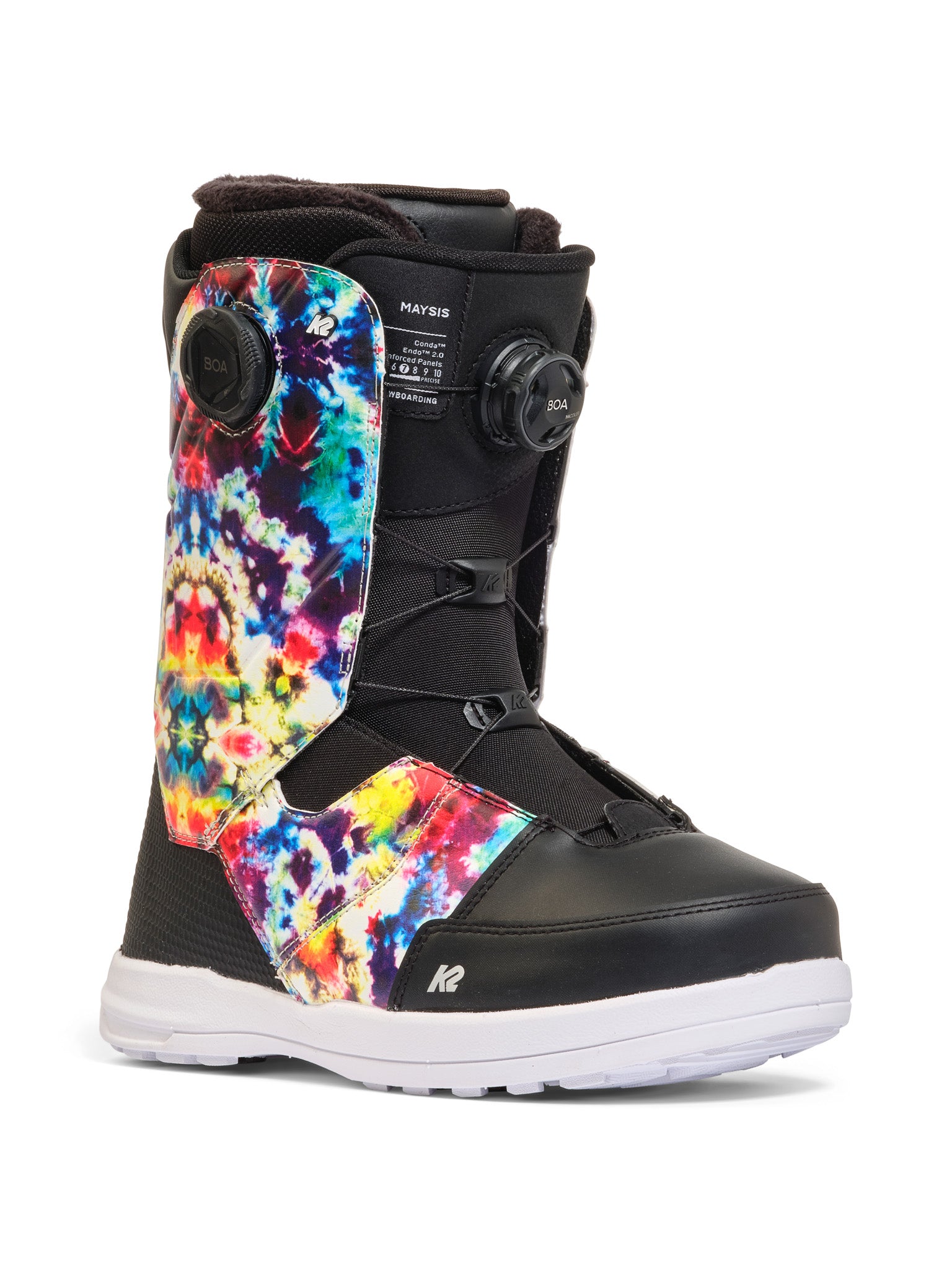K2 Maysis snowboard boots feature a vibrant, swirling purple and white design with Boa closures.