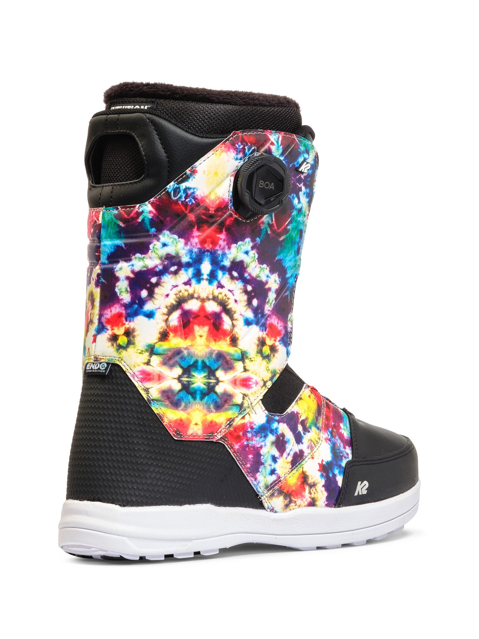 Vibrant, tie-dye K2 Maysis snowboard boots feature a black cuff and BOA lacing system.