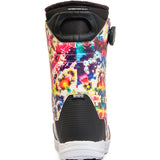 Vibrant, tie-dye K2 Maysis snowboard boots feature a white sole and black accents.