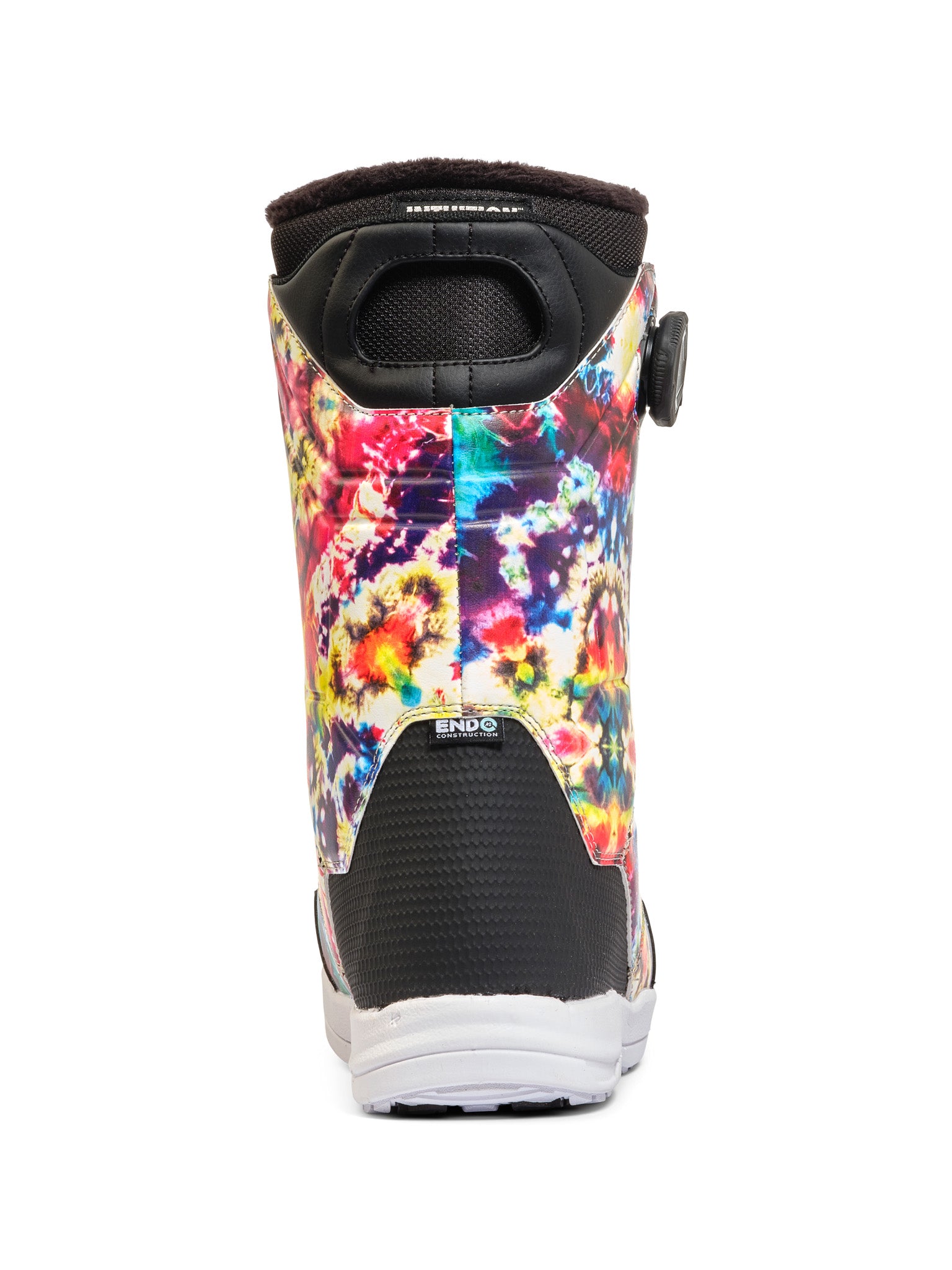 Vibrant, tie-dye K2 Maysis snowboard boots feature a white sole and black accents.