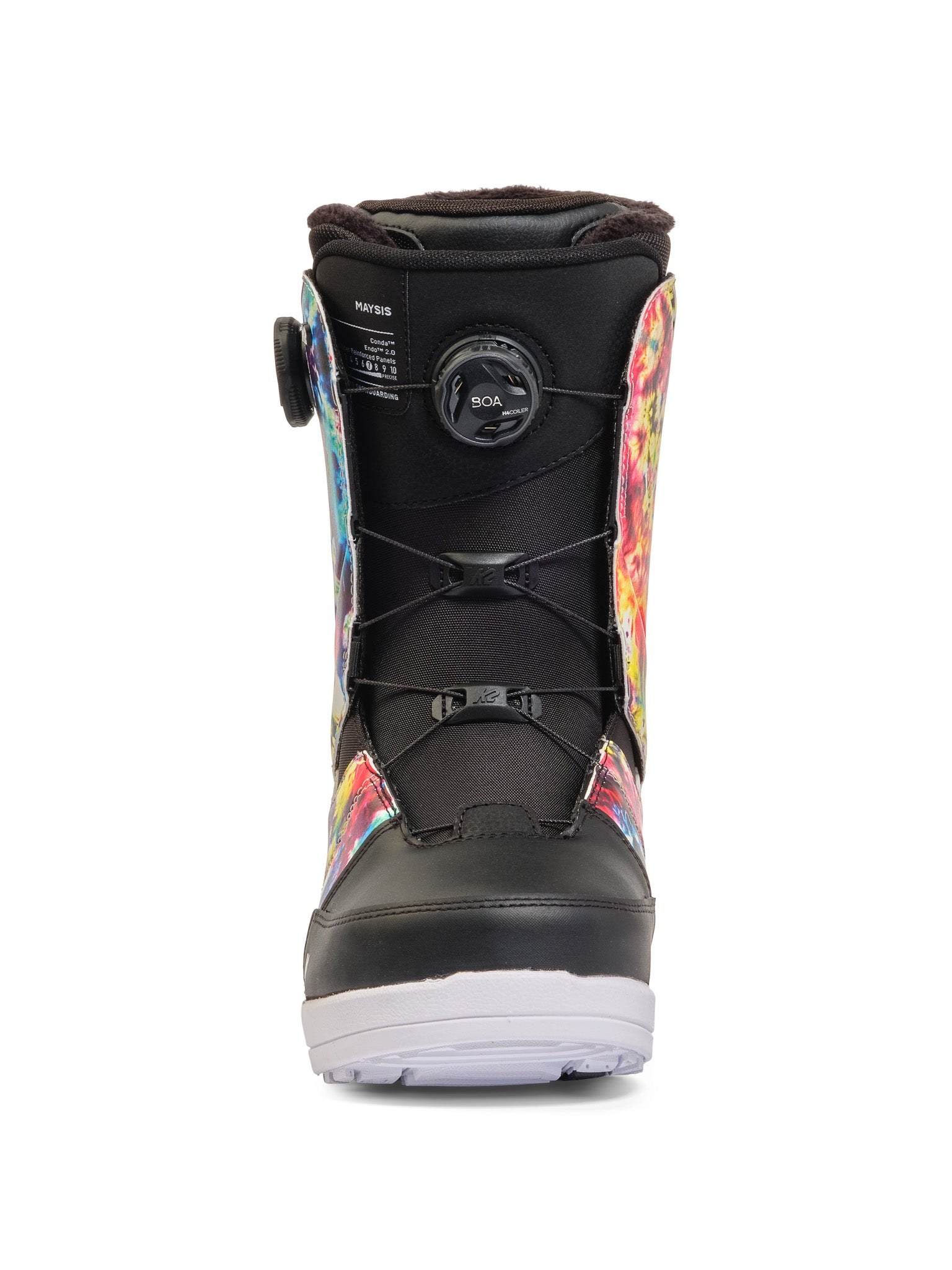 K2 Maysis 2025 snowboard boots feature a vibrant, multi-colored design with black accents.