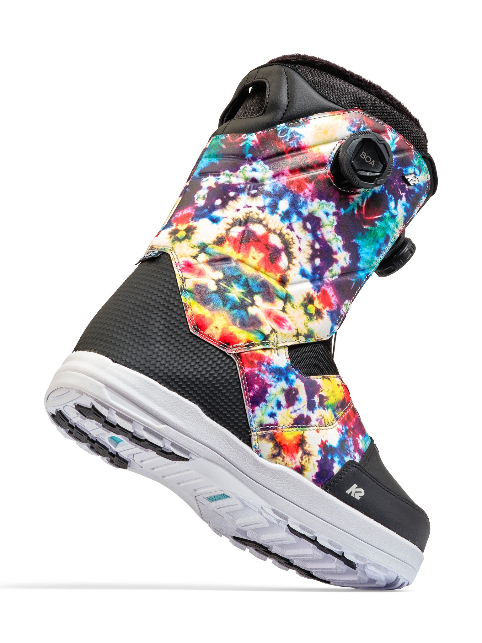Vibrant, multi-colored K2 Maysis snowboard boots feature a BOA lacing system and black accents.