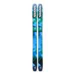 K2 Mindbender 116C skis feature a vibrant blue and white graphic design.