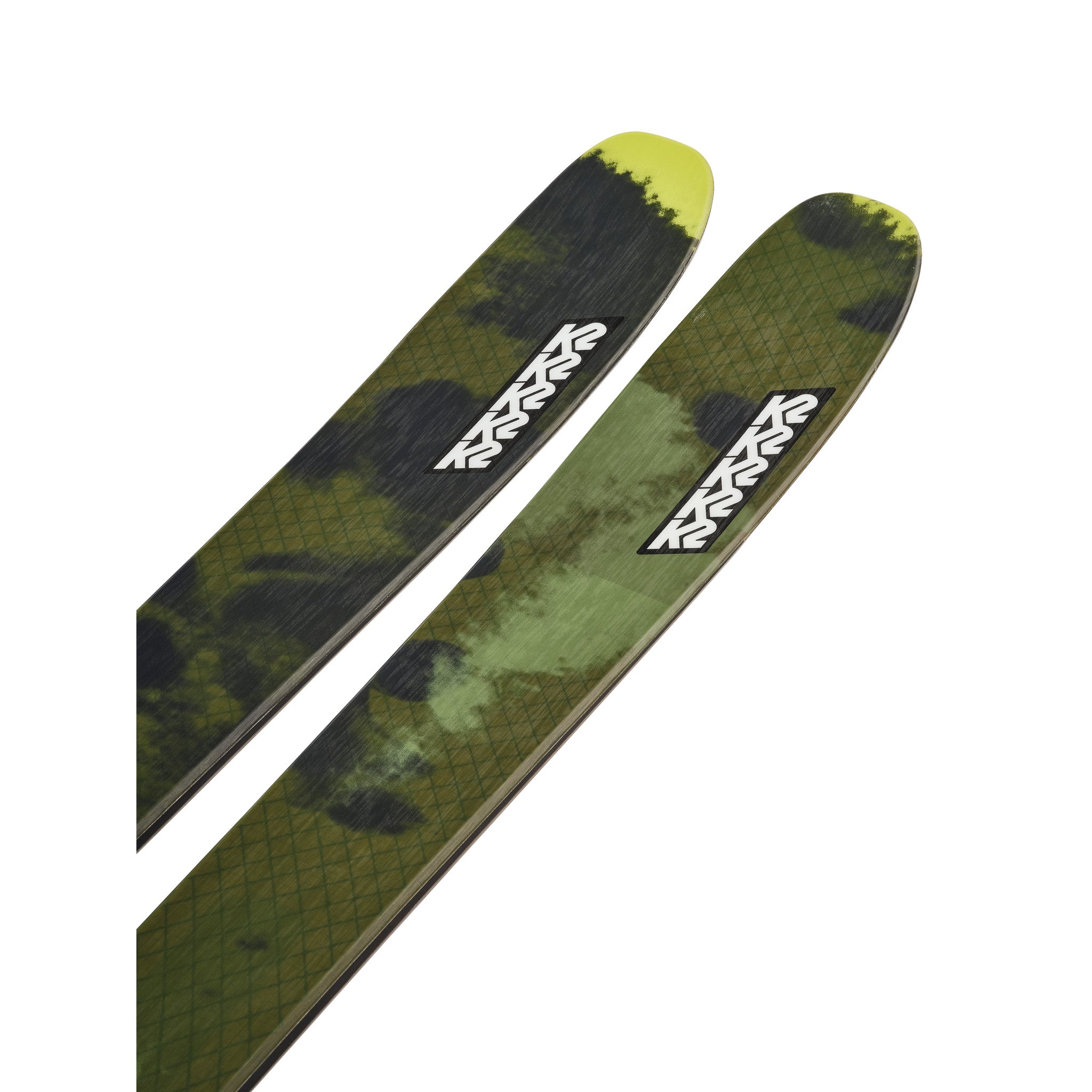 K2 Mindbender 116C skis feature a distinctive green and black graphic design.