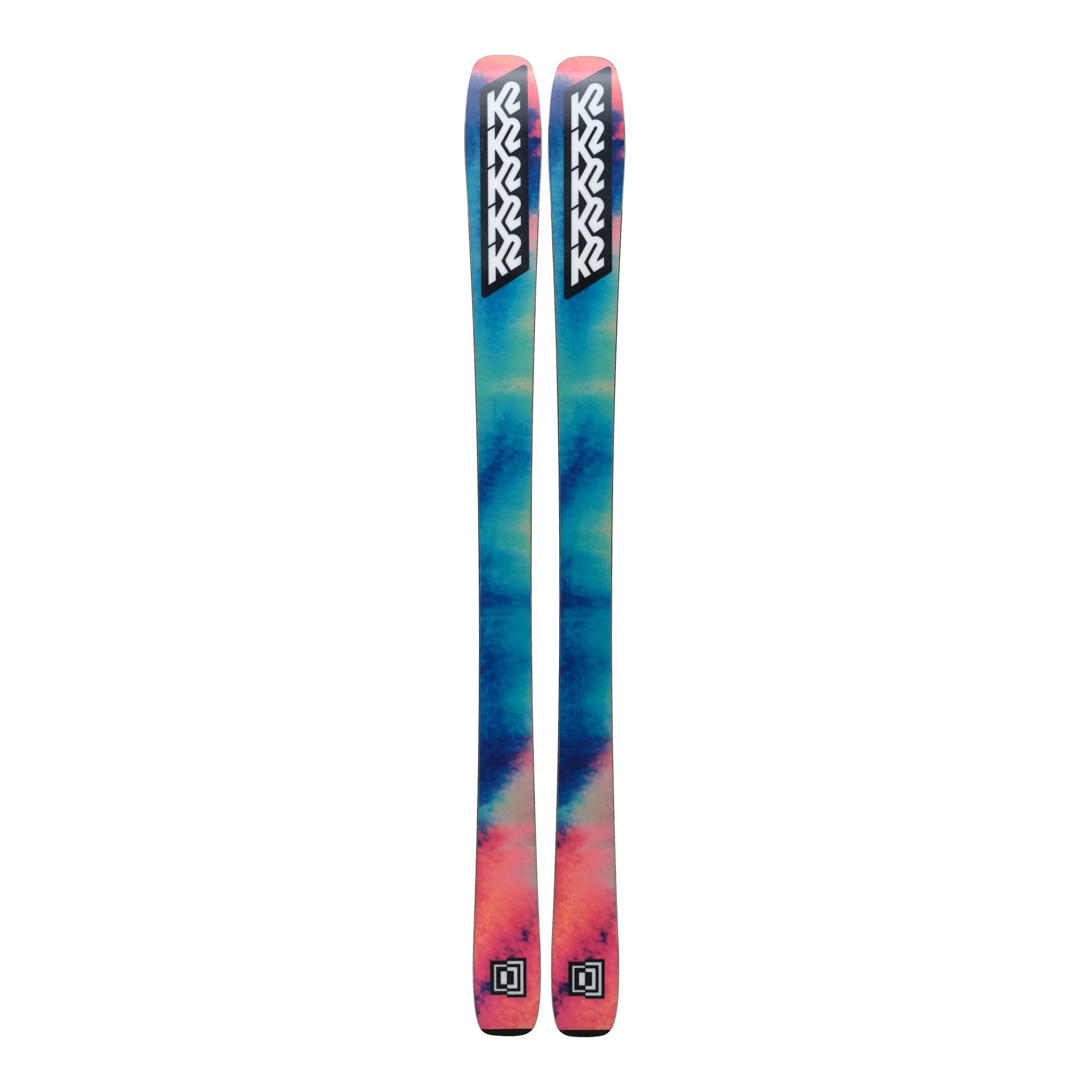 K2 Mindbender 89Ti skis feature a vibrant blue and pink gradient design.