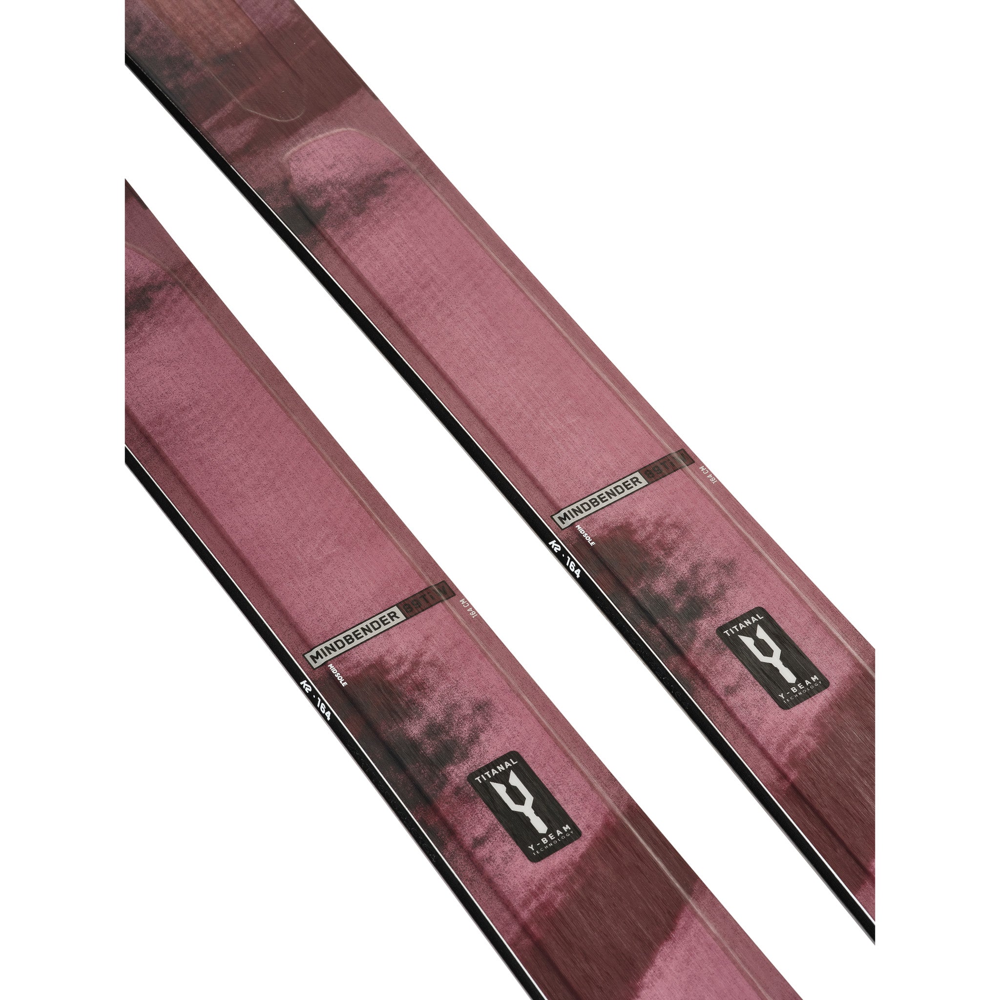K2 Women's Mindbender 89Ti skis 2025 feature a red and white design.