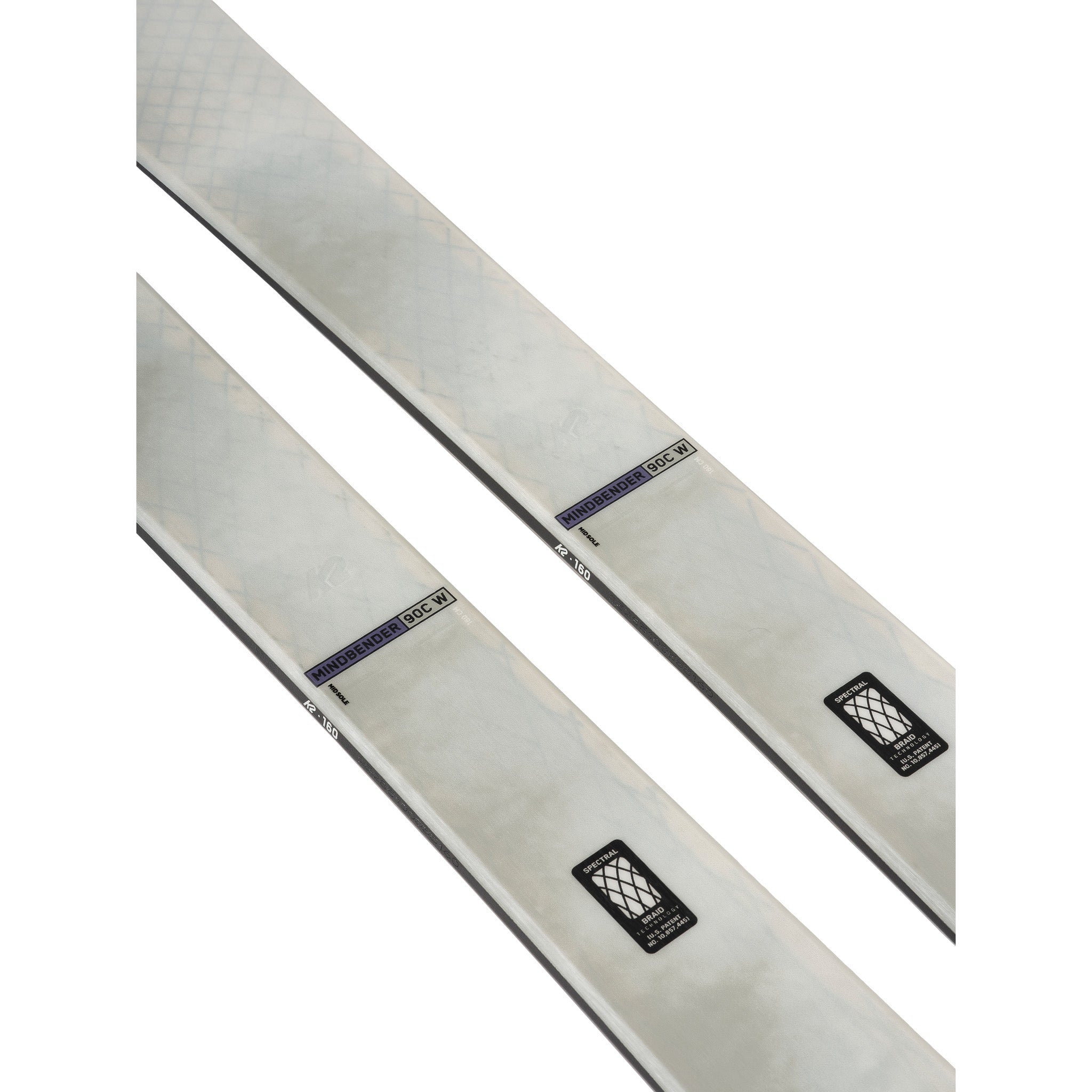 K2 Women's Mindbender 90C skis, 2025 model, feature a red and white design.