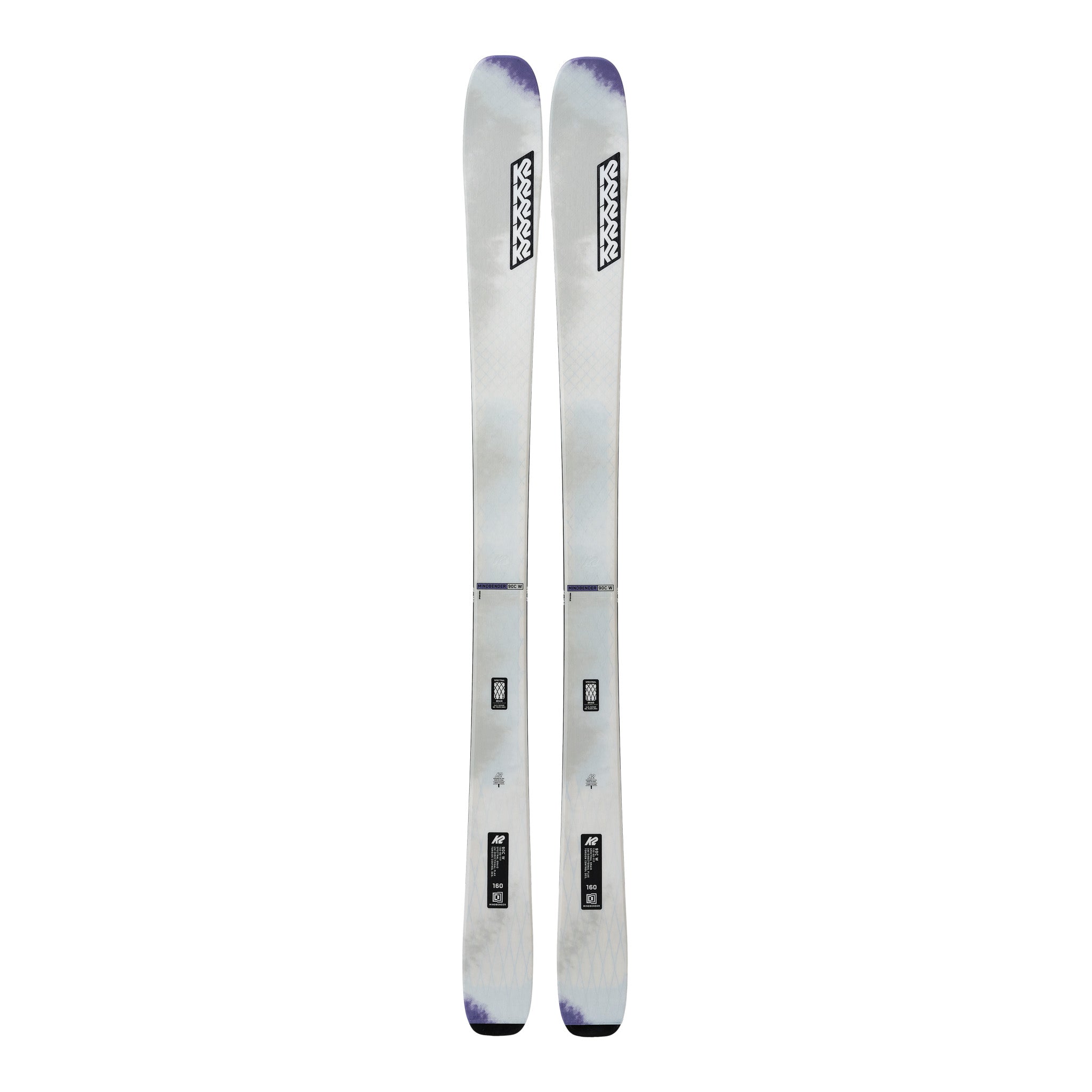 K2 Women's Mindbender 90C skis, 2025 model, feature a white and gray design.