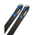 K2 Mindbender 99Ti skis feature a black and blue design with a distinctive graphic.