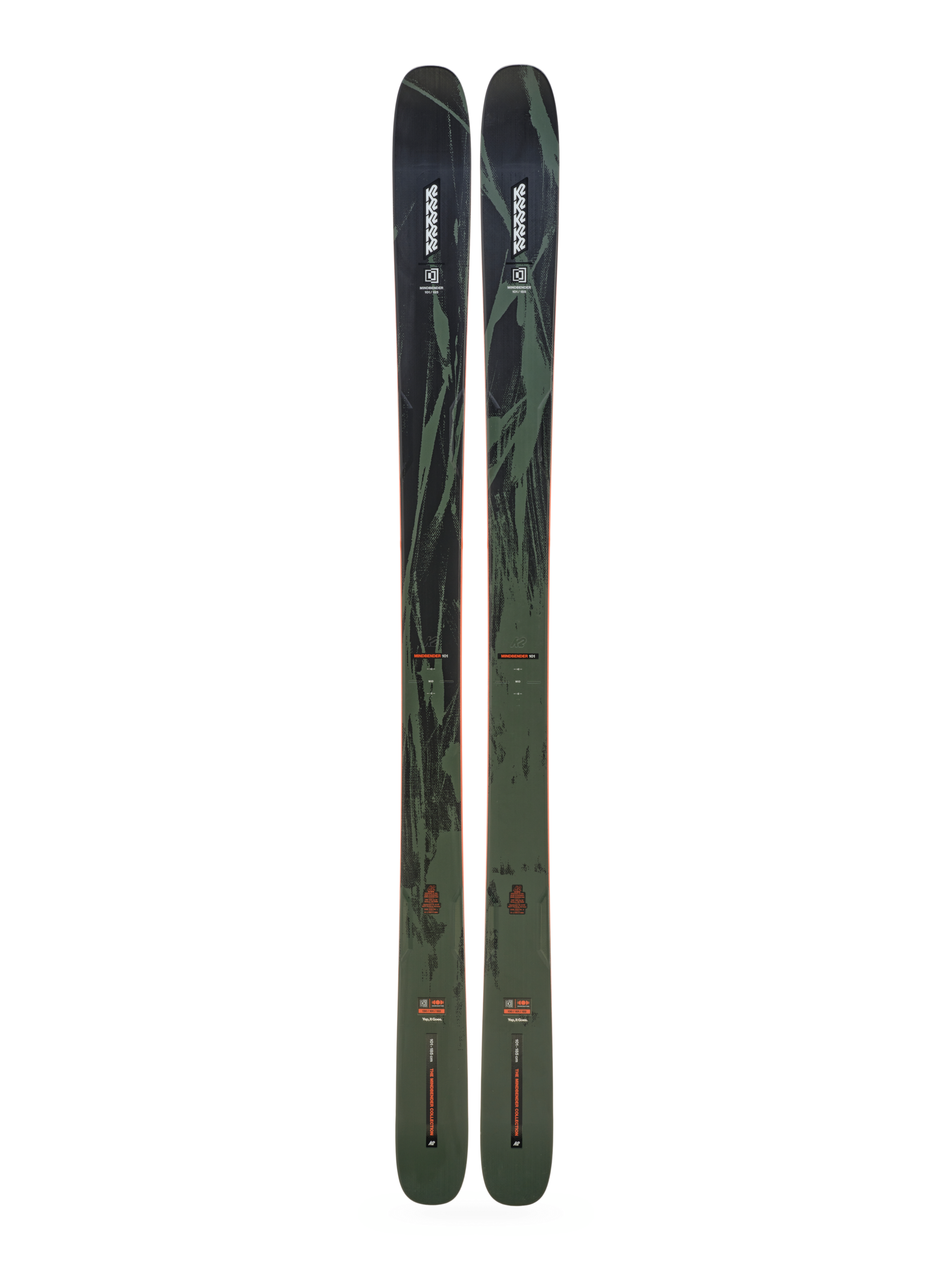 K2 Mindbender 101 skis pair, dark tops with orange stripe and K2 graphics