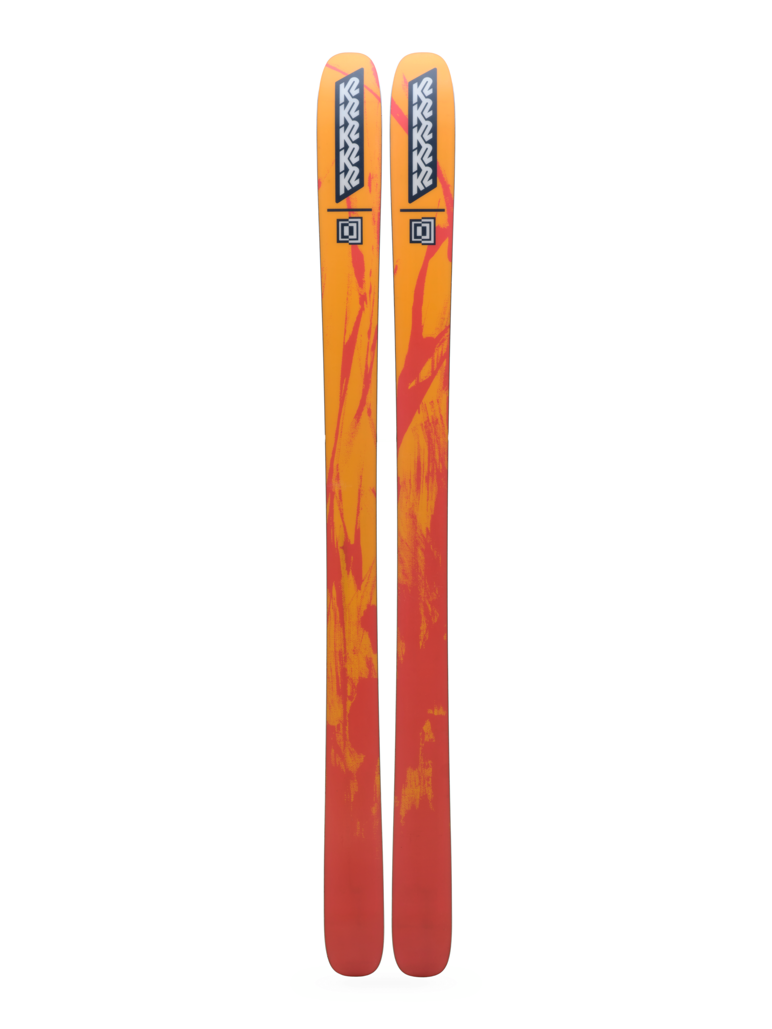 K2 Mindbender 101 skis pair, orange-red tops with K2 logo graphics