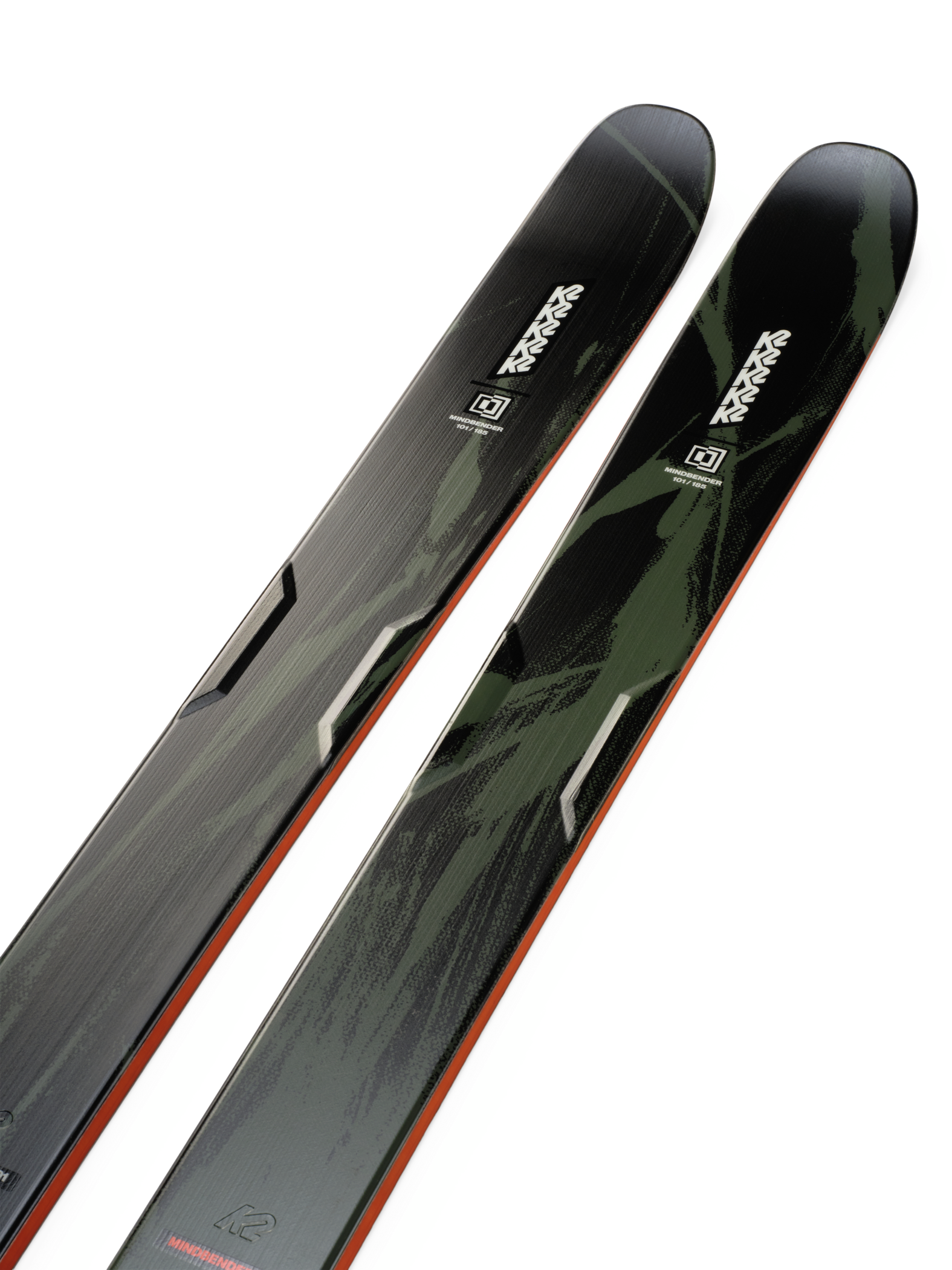 K2 Mindbender 101 skis pair, dark topsheet with orange edge line and K2 text