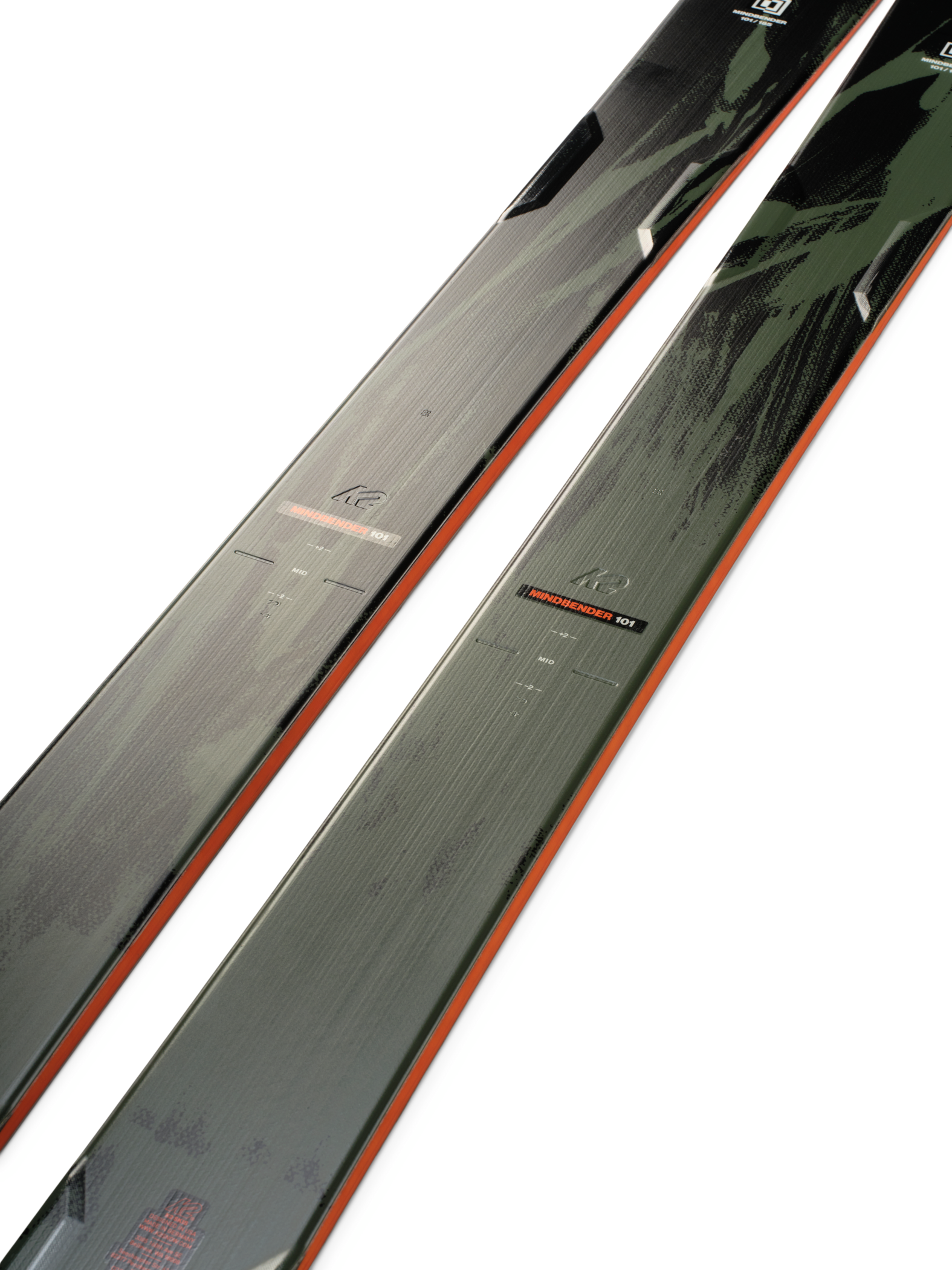 K2 Mindbender 101 skis pair, light gray topsheet with orange stripe and marker