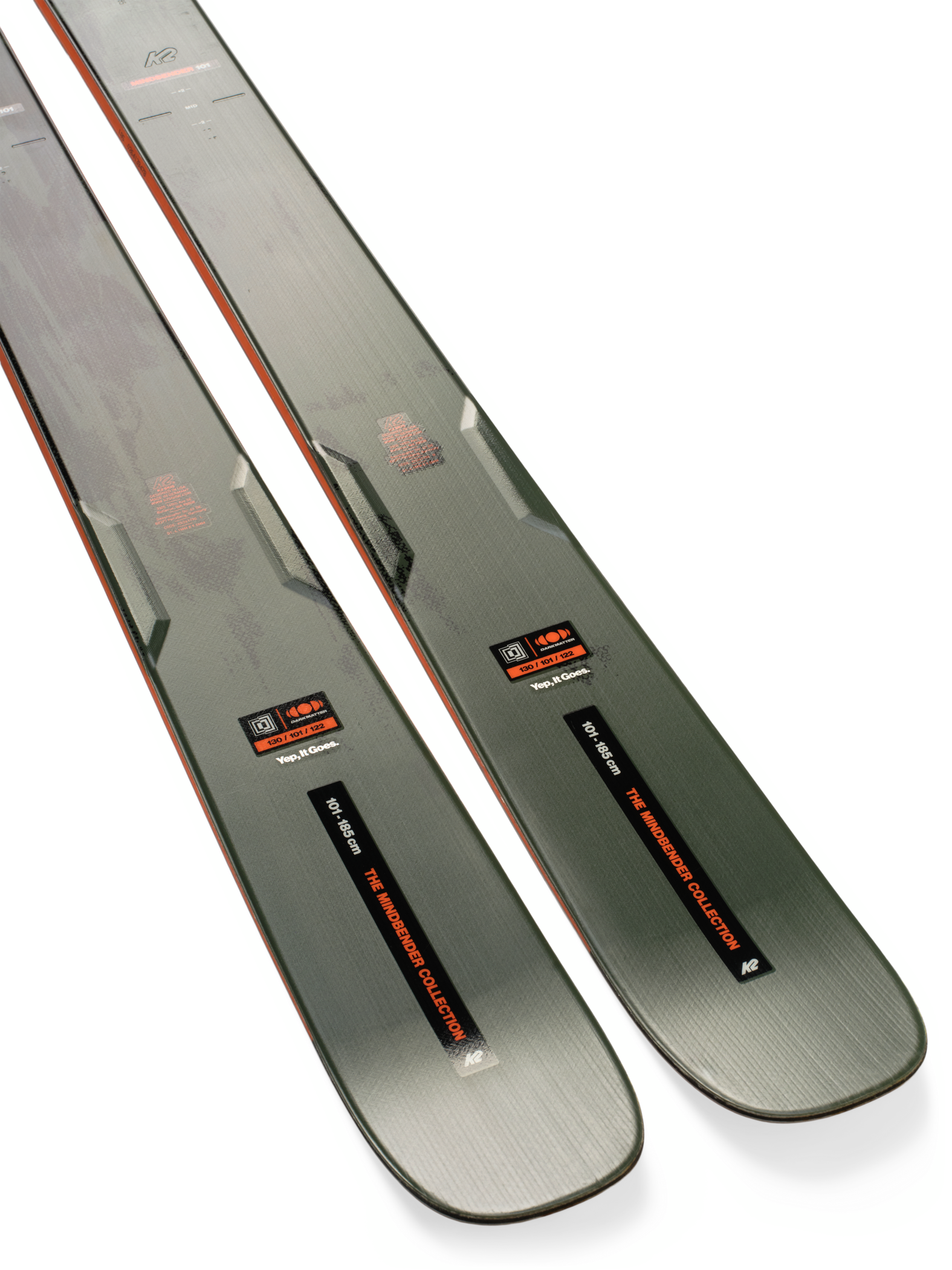 K2 Mindbender 101 skis pair, gray topsheet with orange/black accents and bindings