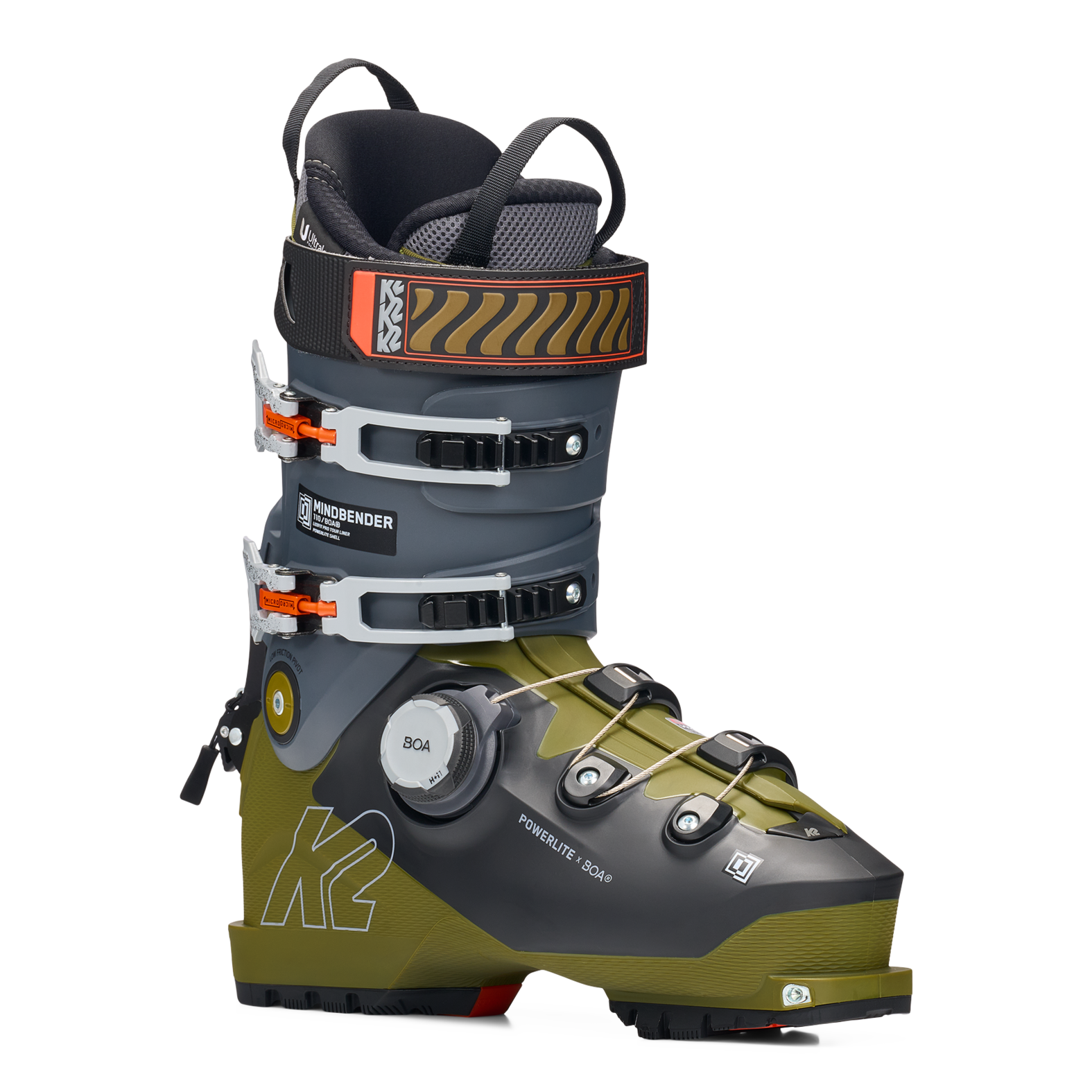 K2 Mindbender ski boot, dark gray upper and green base, BOA dial and strap buckles