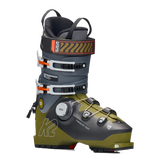 K2 Mindbender ski boot, dark gray upper and green base, BOA dial and strap buckles
