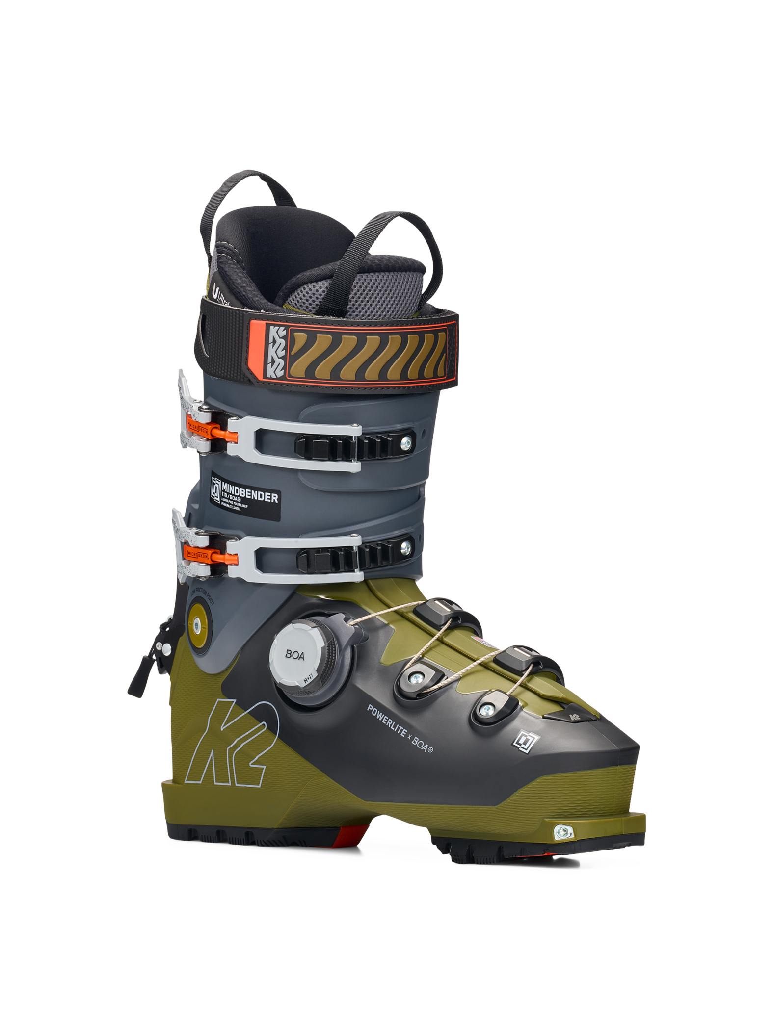K2 Mindbender ski boot, dark gray upper and green base, BOA dial and strap buckles