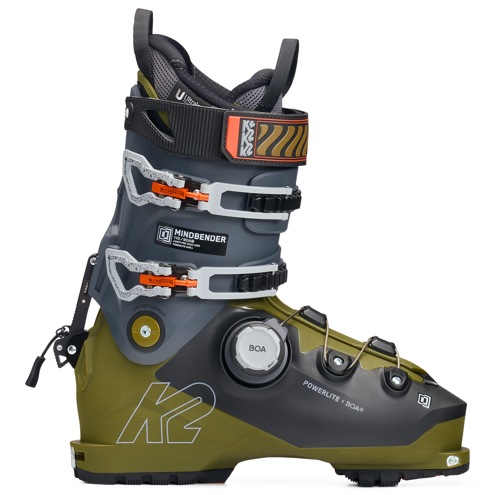 K2 Mindbender ski boot in dark gray with green lower shell, BOA dial and buckles