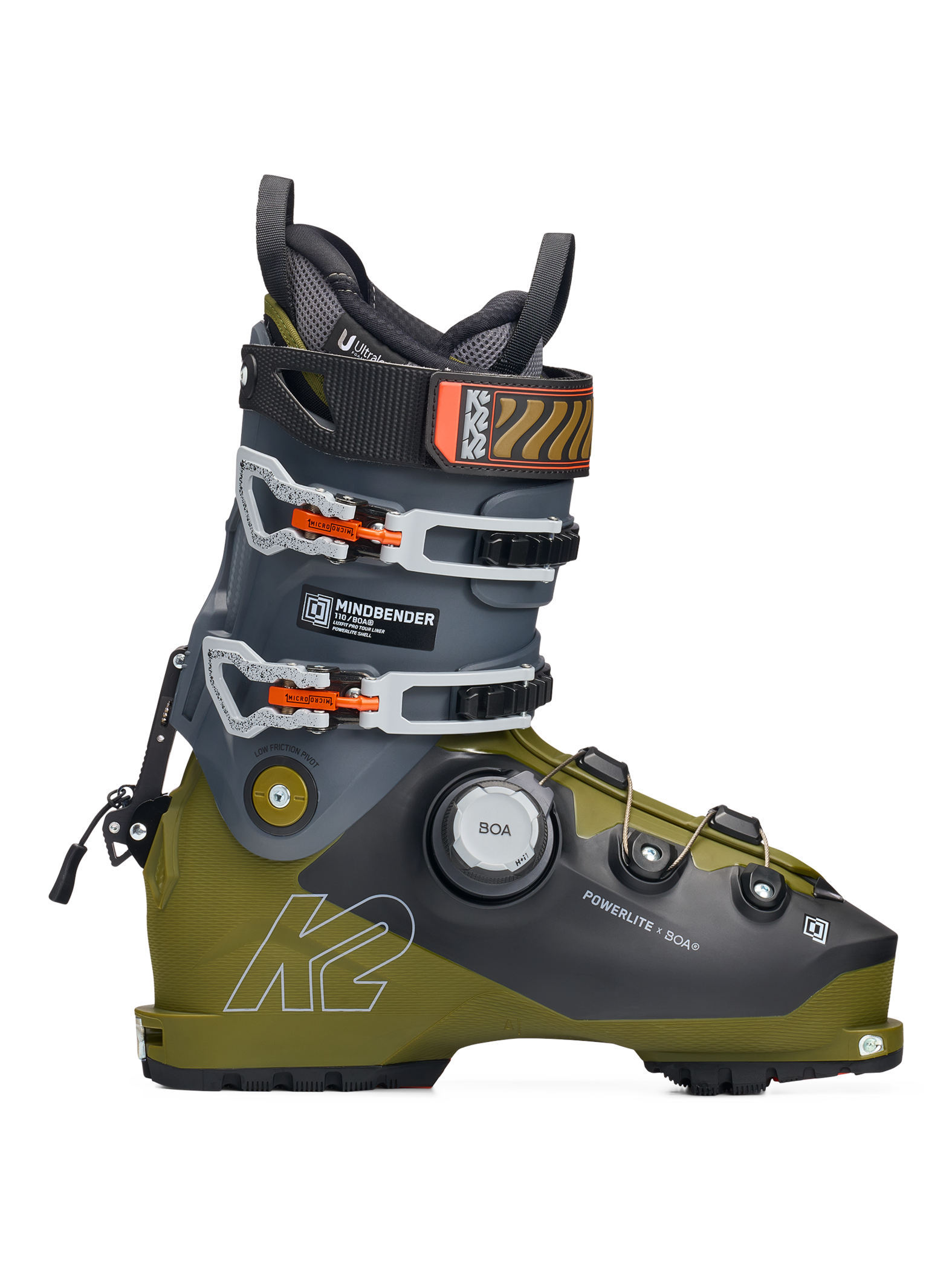 K2 Mindbender ski boot in dark gray with green lower shell, BOA dial and buckles