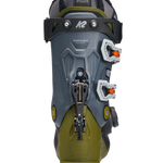 K2 Mindbender ski boot back view, dark gray shell with green panels and BOA dial