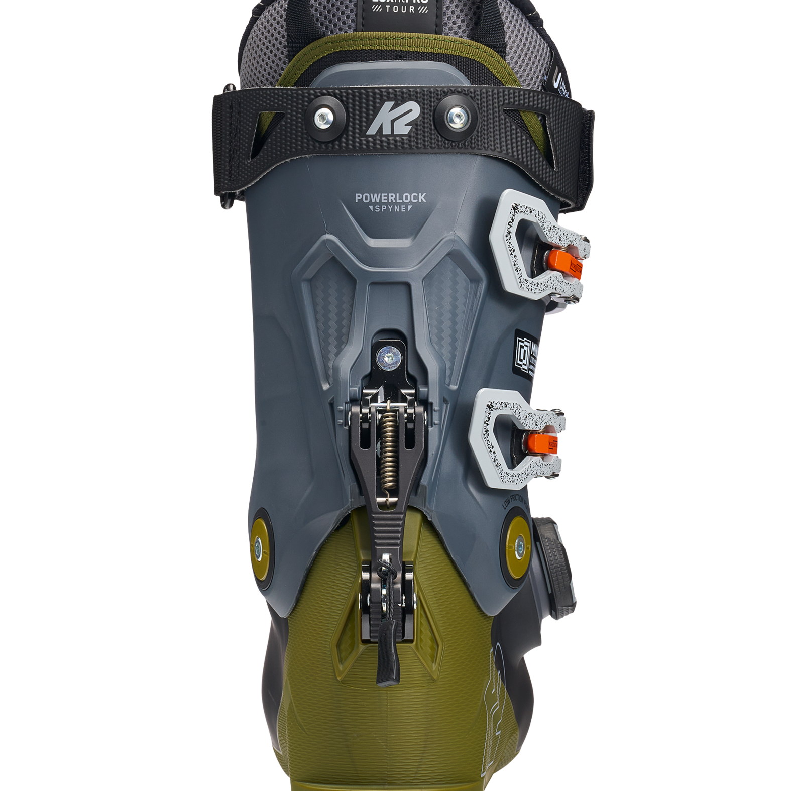 K2 Mindbender ski boot back view, dark gray shell with green panels and BOA dial