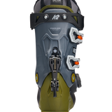 K2 Mindbender ski boot back view, dark gray shell with green panels and BOA dial