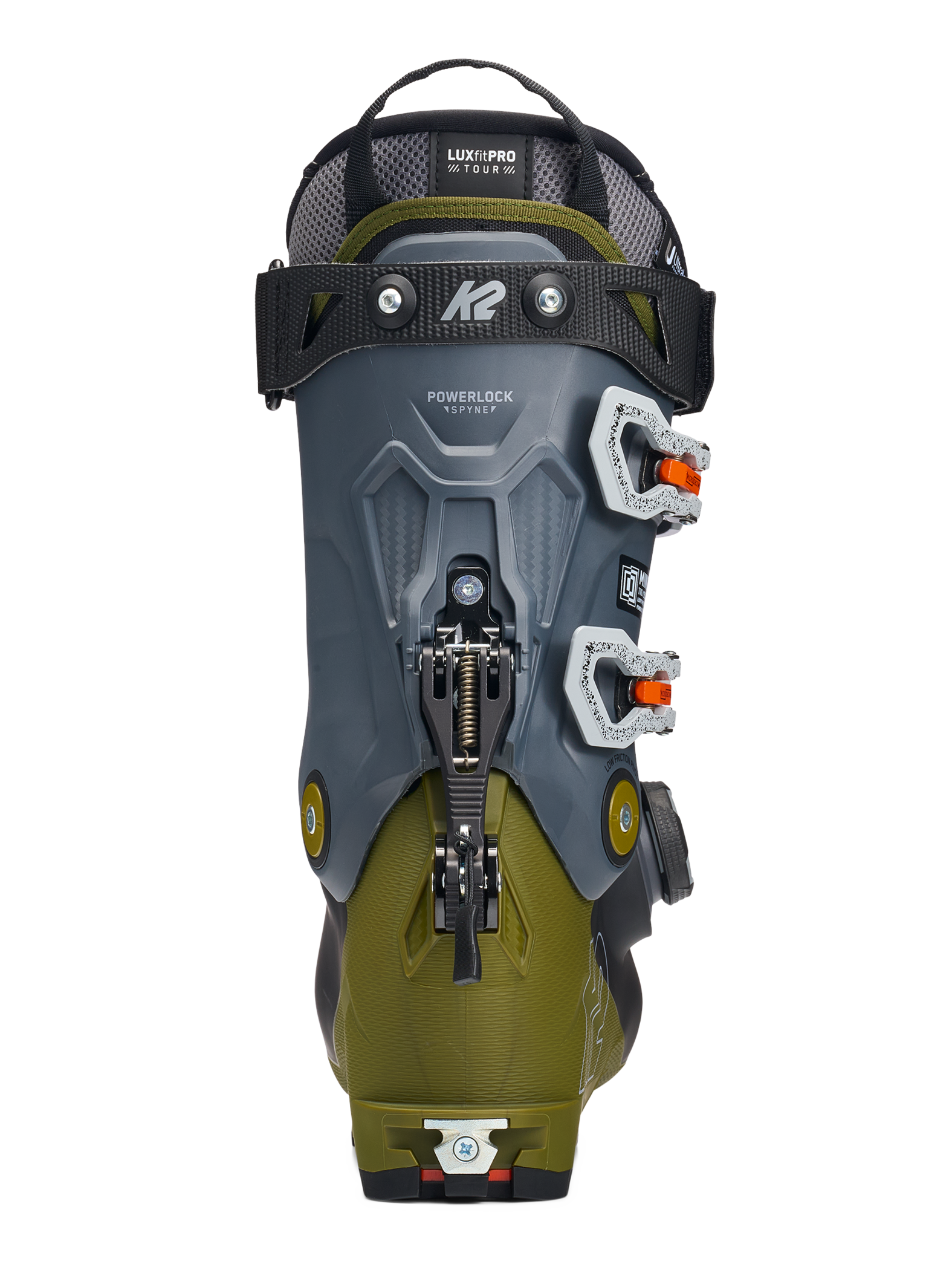 K2 Mindbender ski boot back view, dark gray shell with green panels and BOA dial