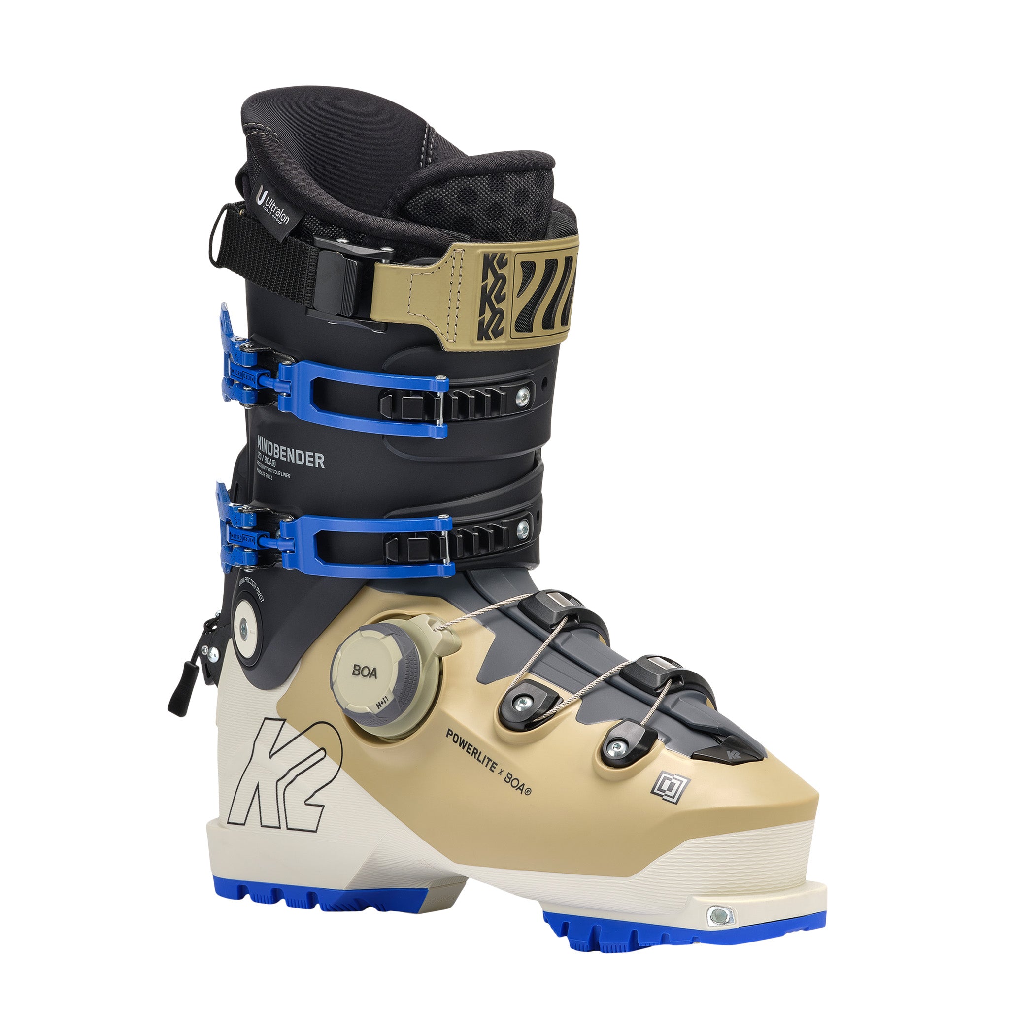 K2 Mindbender 120 BOA® ski boot features a beige and blue color scheme with visible BOA® dial.