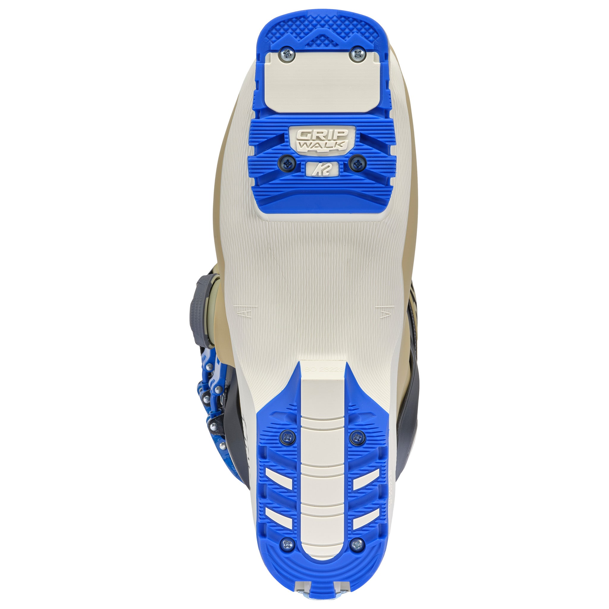 K2 Mindbender 120 BOA® ski boot features a white and blue sole with visible traction elements.