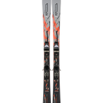Pair of gray skis with orange graphics and black bindings, front view