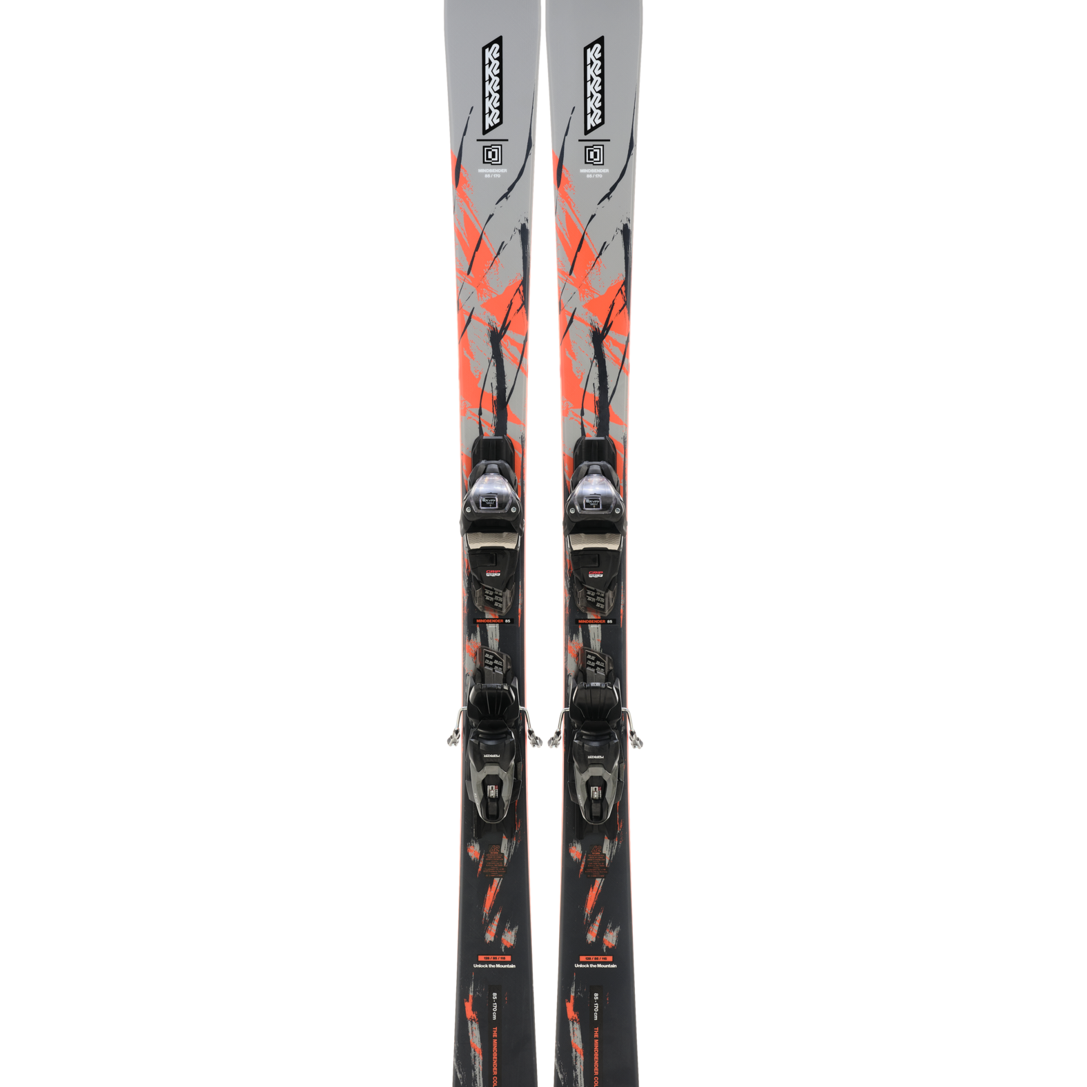 Pair of gray skis with orange graphics and black bindings, front view
