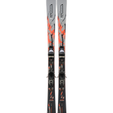 Pair of gray skis with orange graphics and black bindings, front view