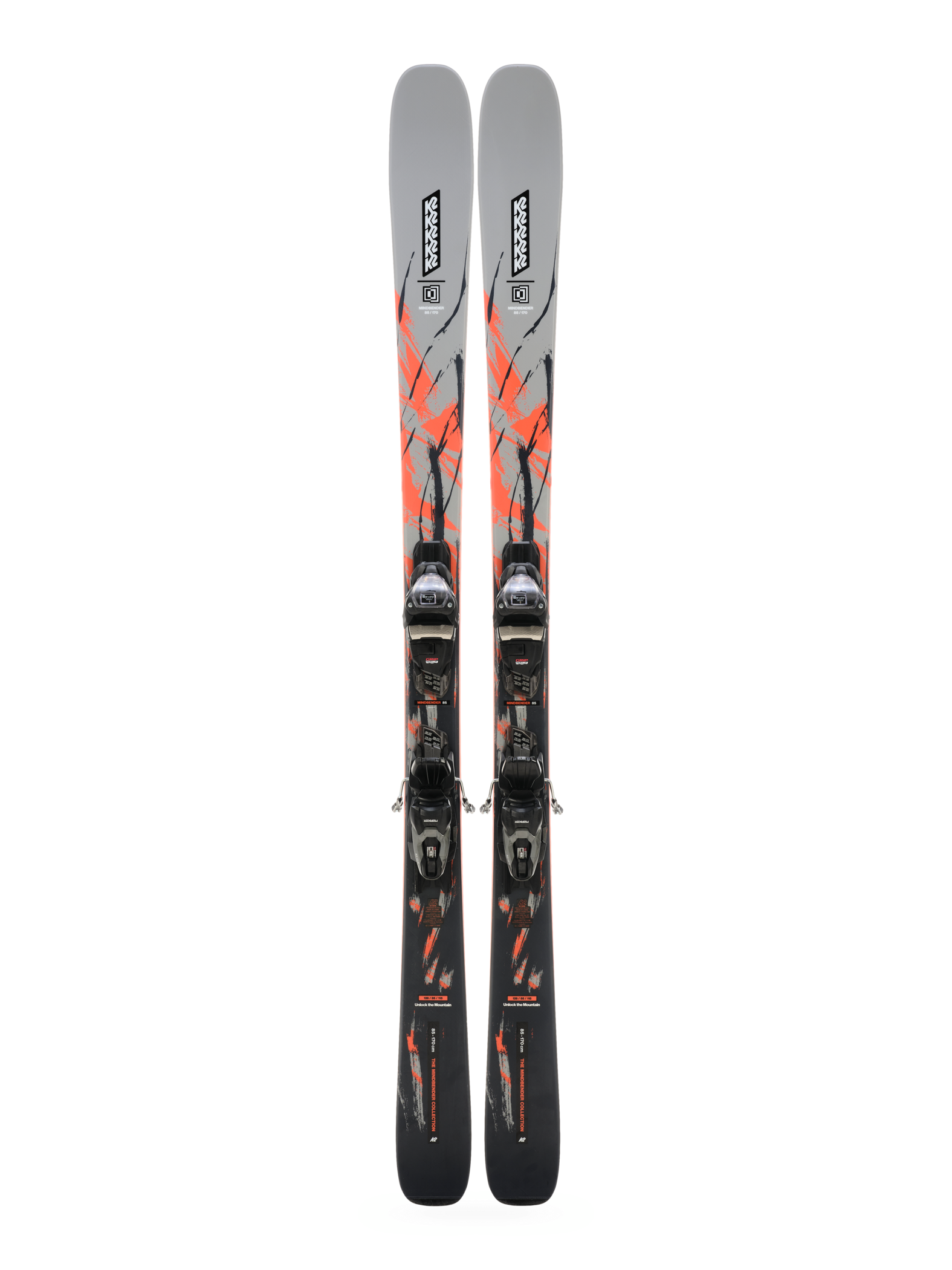 Pair of gray skis with orange graphics and black bindings, front view