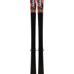 Pair of black skis with orange logos, viewed from above