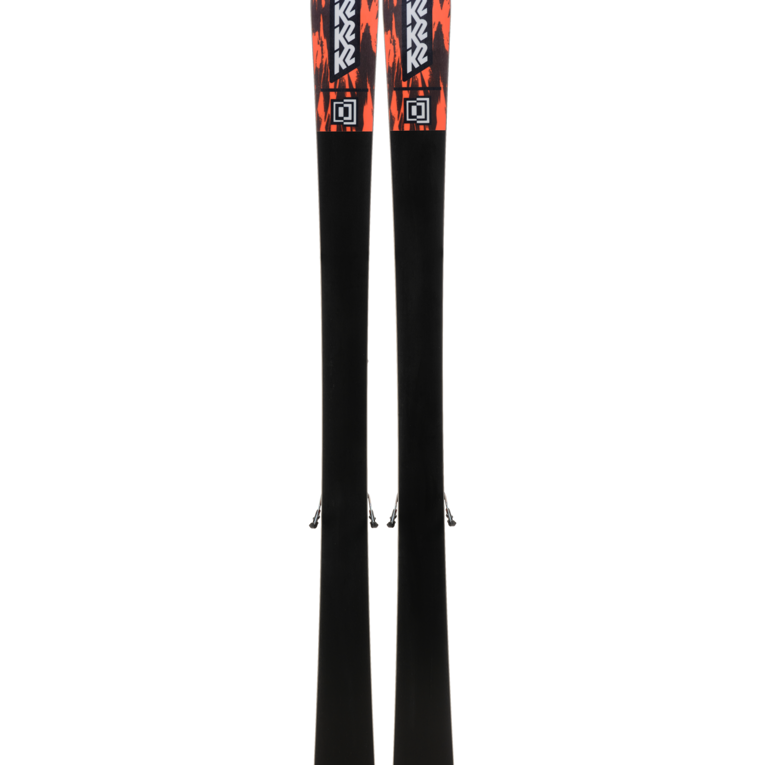 Pair of black skis with orange logos, viewed from above