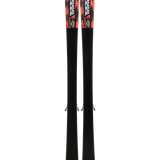 Pair of black skis with orange logos, viewed from above